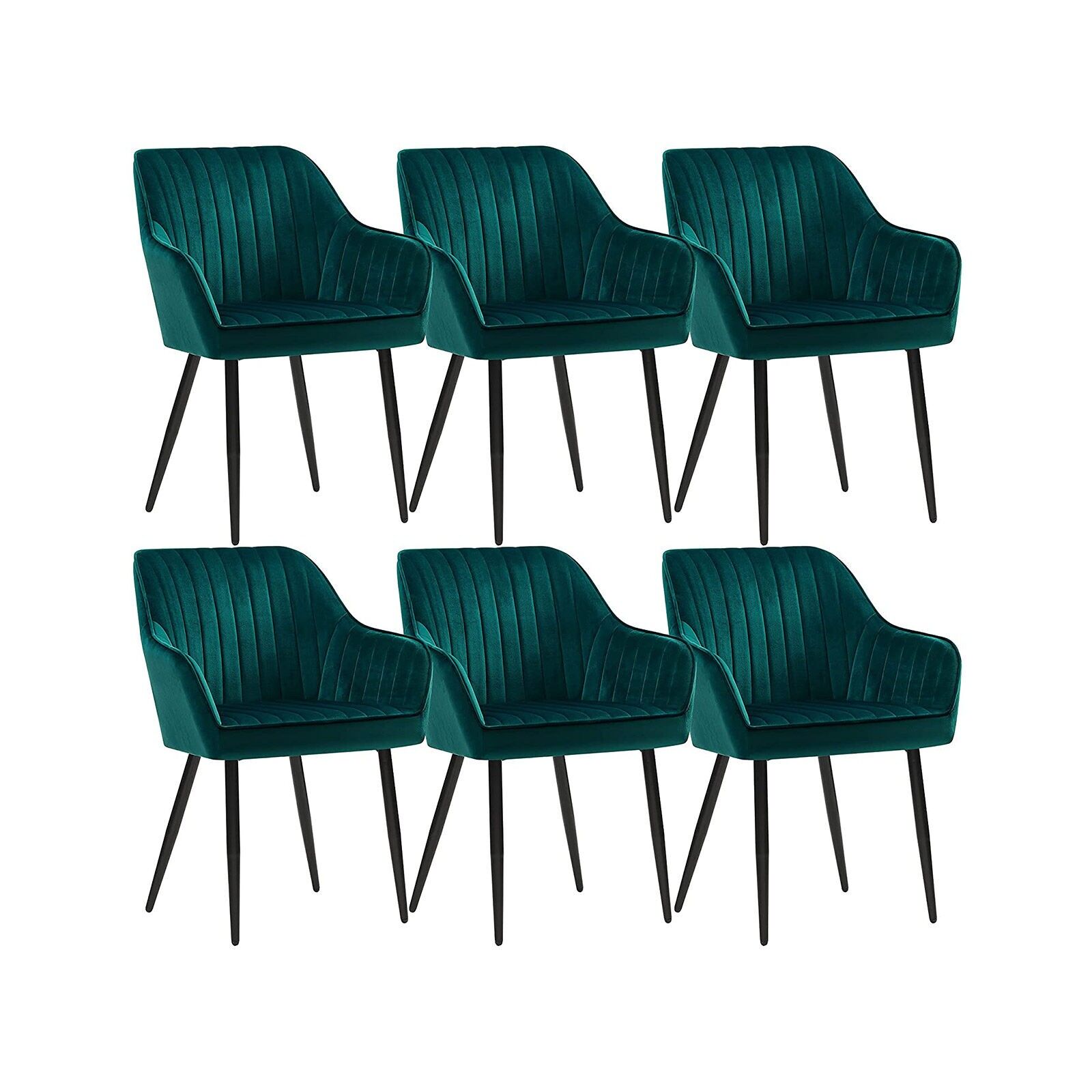 Ensemble de 6 chaises de salle à manger en pétrole, 62.5 x 60 x 85 cm (L x W x H) Seat height: 50 cm Seat width: 49 cm Seat depth: 44.5 cm Backrest height: 39.5 cm Hauteur de l'accoudoir (à partir du sol) : 64 cm Épaisseur du coussin d'assise : 7 cm