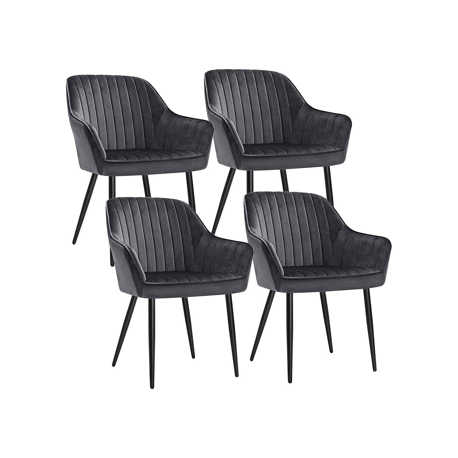 Ensemble de 4 chaises de salle à manger grises, 62.5 x 60 x 85 cm (L x W x H) Seat height: 50 cm Seat width: 49 cm Seat depth: 44.5 cm Backrest height: 39.5 cm Hauteur de l'accoudoir (à partir du sol) : 64 cm Épaisseur du coussin d'assise : 7 cm