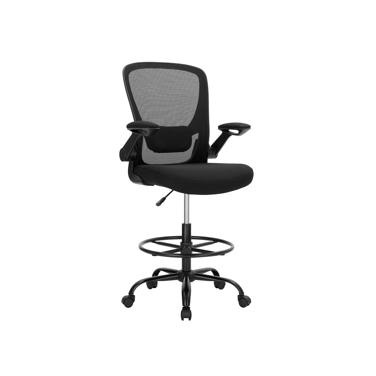 Taburete de trabajo ergonómico negro, 66 x 60 x (111-131) cm (largo x ancho x alto) Altura del asiento: 60-80 cm Dimensiones del asiento: 53 x 53 cm (largo x ancho) Dimensiones del respaldo: 51 x 51 cm (largo x ancho) Altura del reposabrazos (desde el asiento): 21 cm Altura del reposabrazos (desde el suelo): 80-100 cm