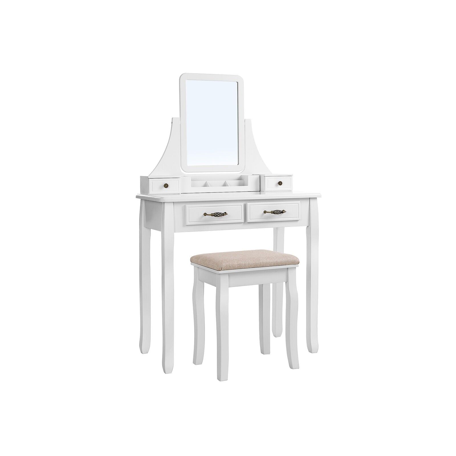 Tocador con 2 cajones grandes, 80x137.5 x 40 cm (Ancho x Alto x Profundidad) - Dimensiones del taburete: 40.5 x 50 x 30. 5 cm