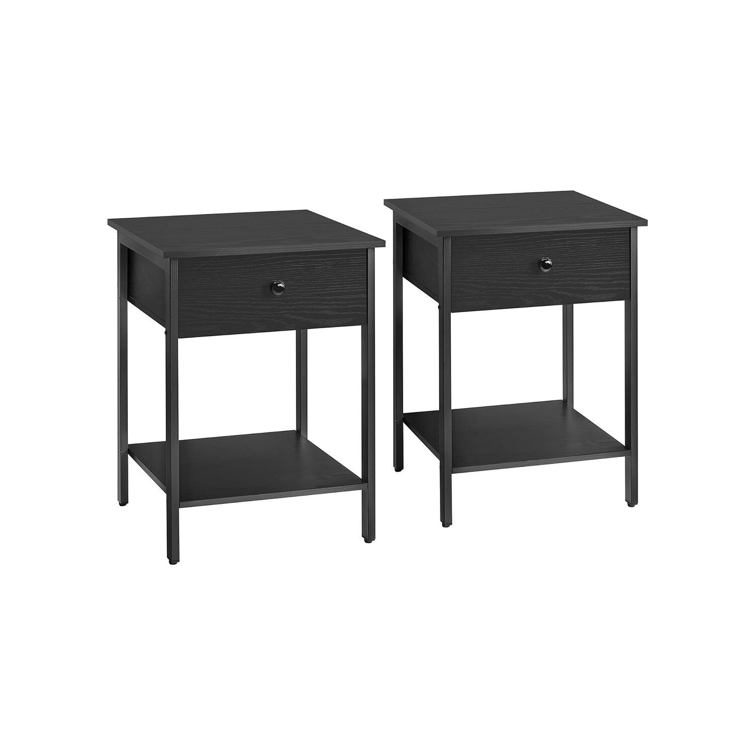 Set of 2 bedside tables with drawer and shelf in ebony black, 40 x 40 x 55 cm
