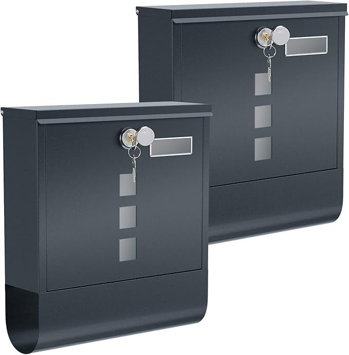 Briefkasten, 2er Set, Wandbriefkasten, Schloss mit Kupferzylinder, Drehdeckel, Zeitungsfach, Sichtfenster, Namensschildhalter, abschließbar, Anthrazit GMB20AG02, 9.5 x 30.5 x 33.3 cm