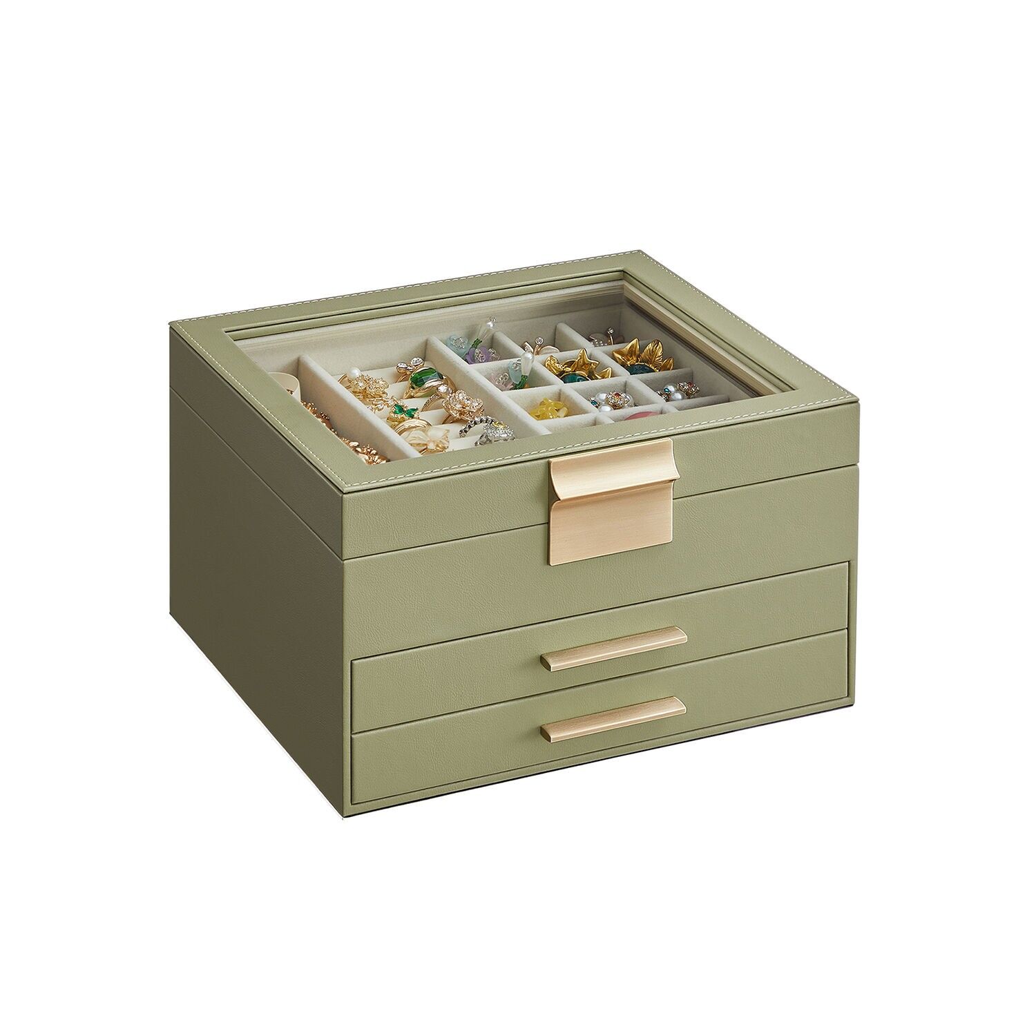 Coffret à bijoux 3 niveaux avec couvercle en verre, 20.3x23.1 x 13.5 cm