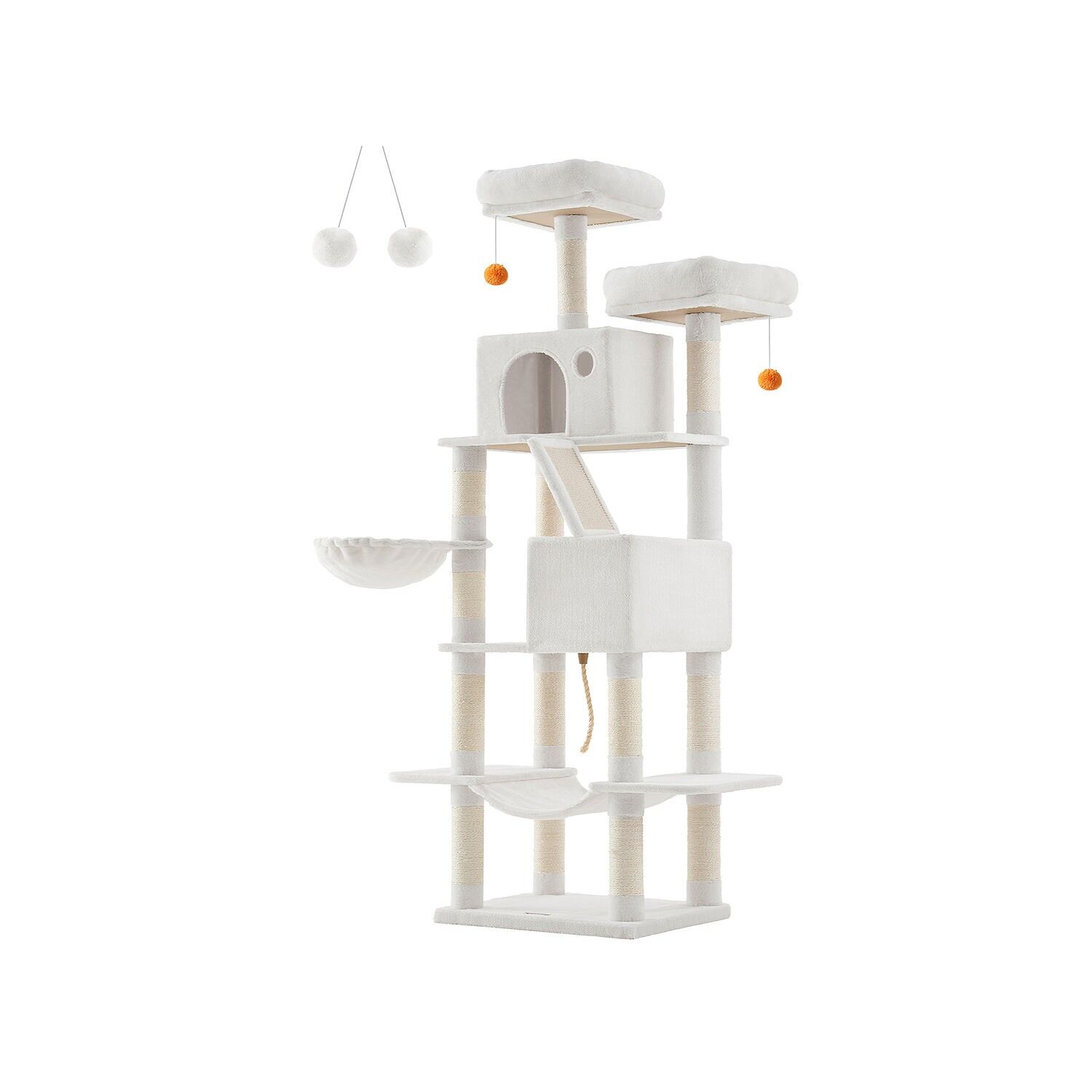 Grand arbre à chat avec 2 plateformes et balles en peluche, beige, 60 x 50 x 206 cm