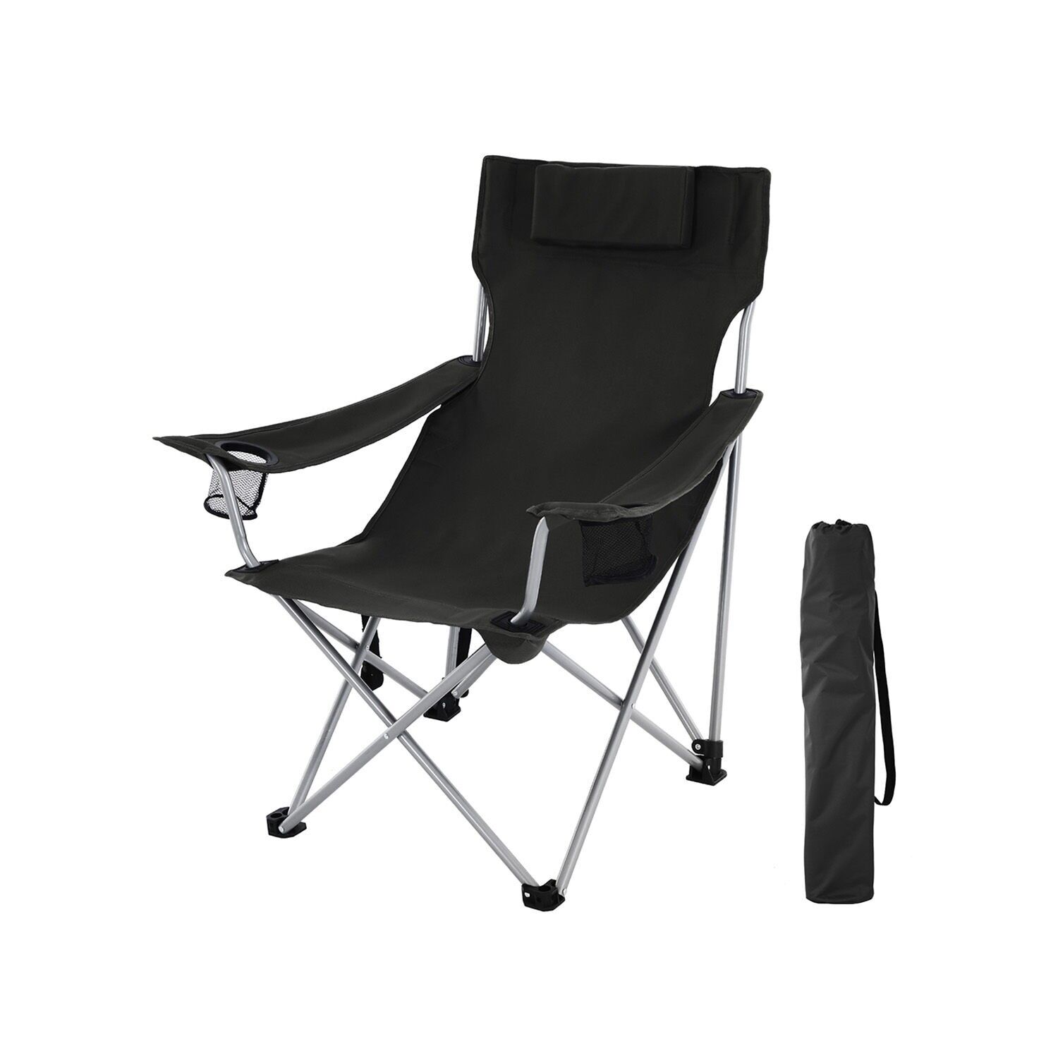 Chaise de pêche avec porte-gobelet noir, 81 x 70 x 91 cm (L x l x H) - Dimensions du colis : 98 x 17 x 15 cm