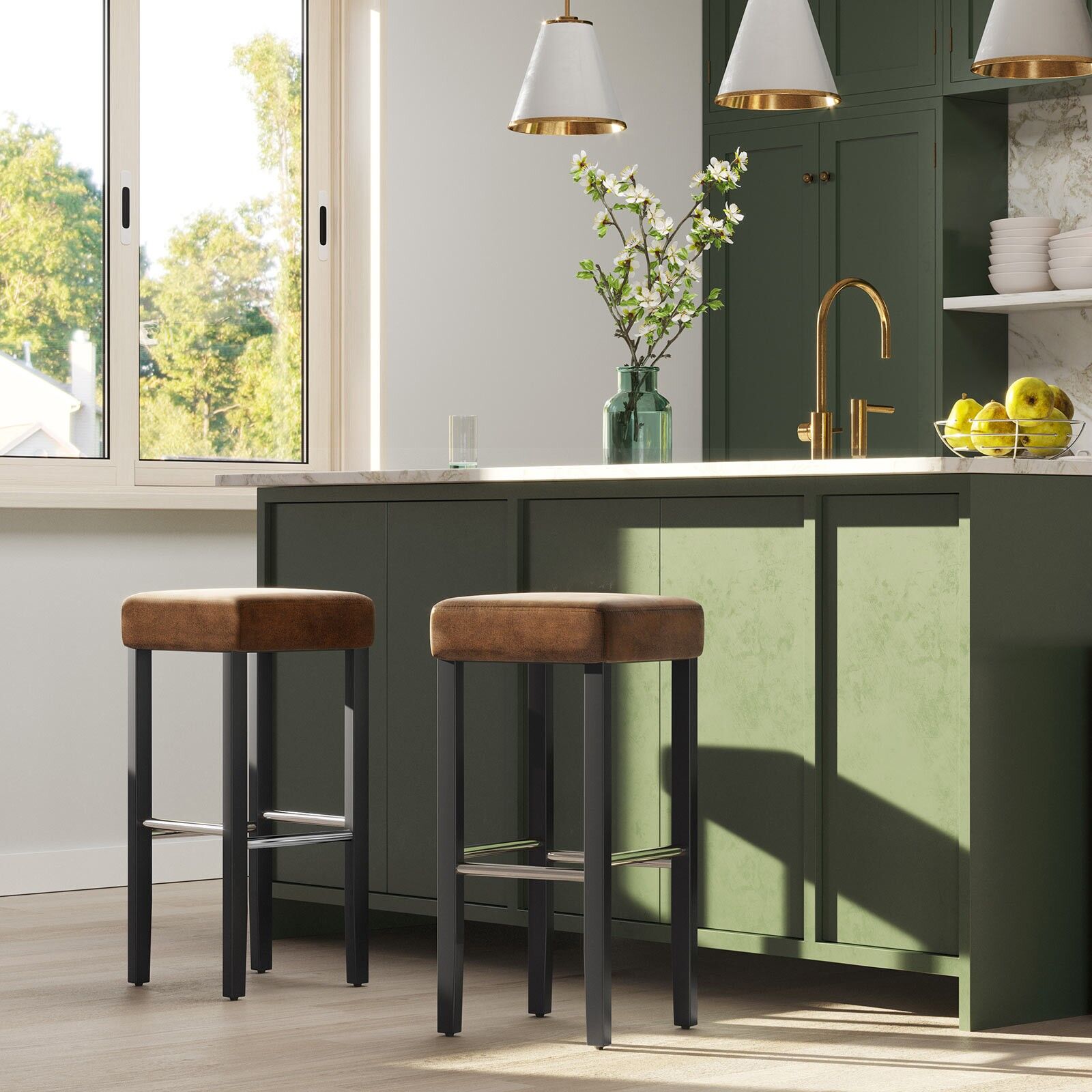 Lot de 2 tabourets de bar, similicuir marron, 36 x 76 x 36 cm (L x H x P) - Hauteur d'assise : 76 cm