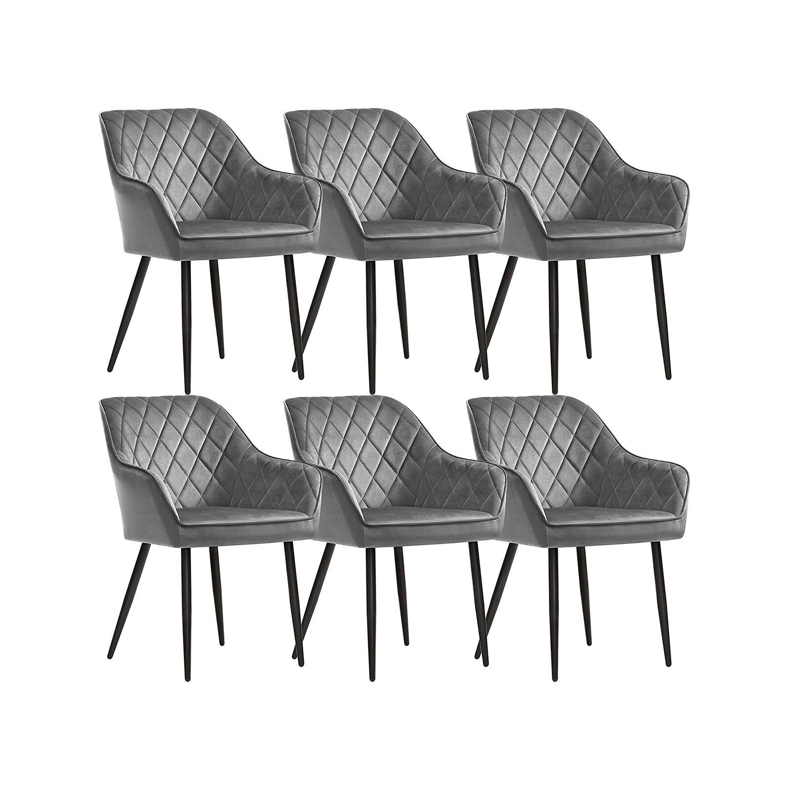 Chaises de salle à manger avec accoudoirs, lot de 6, gris, 62.5 x 60 x 85 cm (L x W x H) Seat height: 50 cm Seat width: 49 cm Seat depth: 44.5 cm Backrest height: 39.5 cm Hauteur de l'accoudoir (à partir du sol) : 64 cm Épaisseur du coussin d'assise : 7 cm