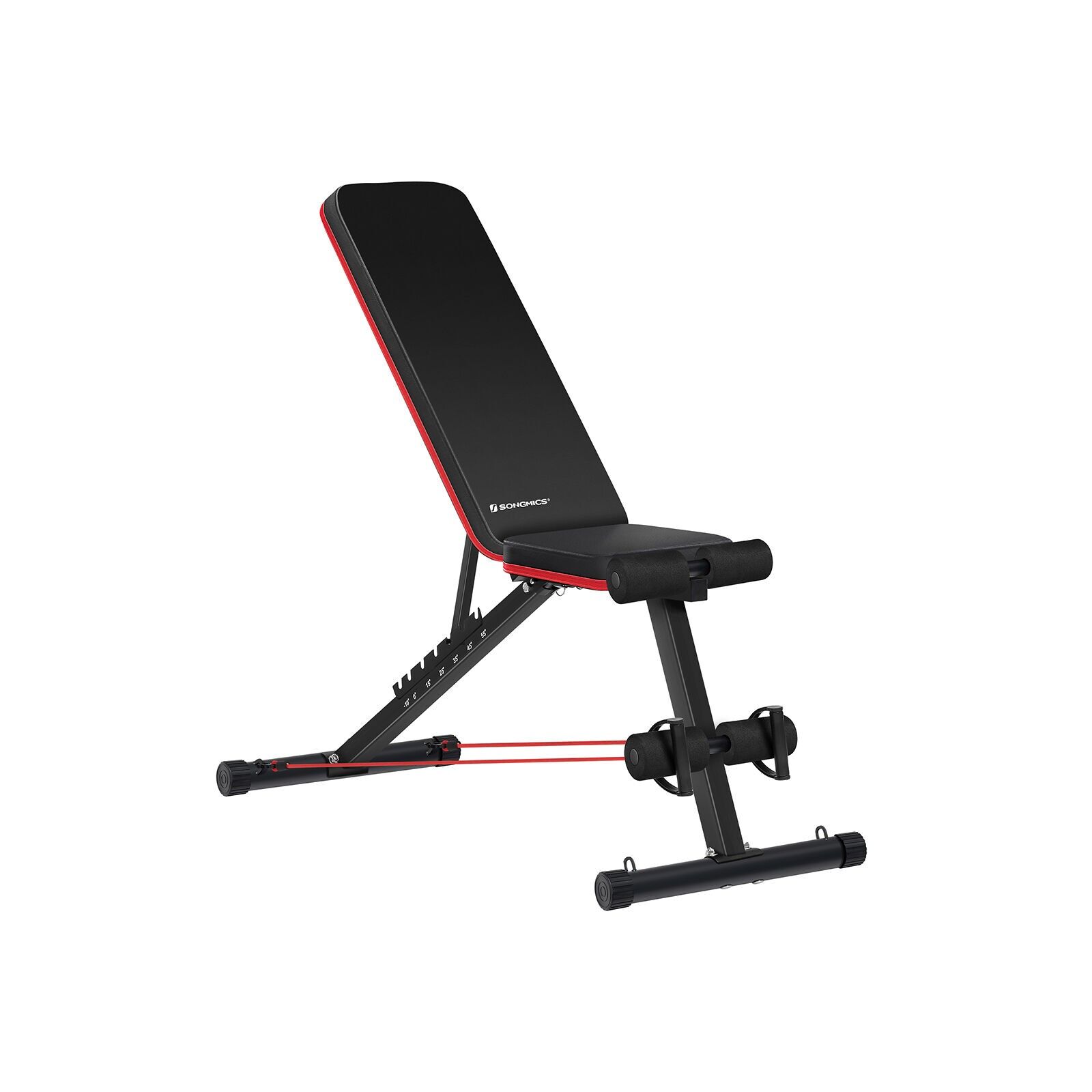 Weight bench black-red, 30 x 75 cm (L x W) Seat dimensions: 29 x 30.5 cm (L x W) Thickness of backrest and seat: 5 cm Seat height: 56 cm