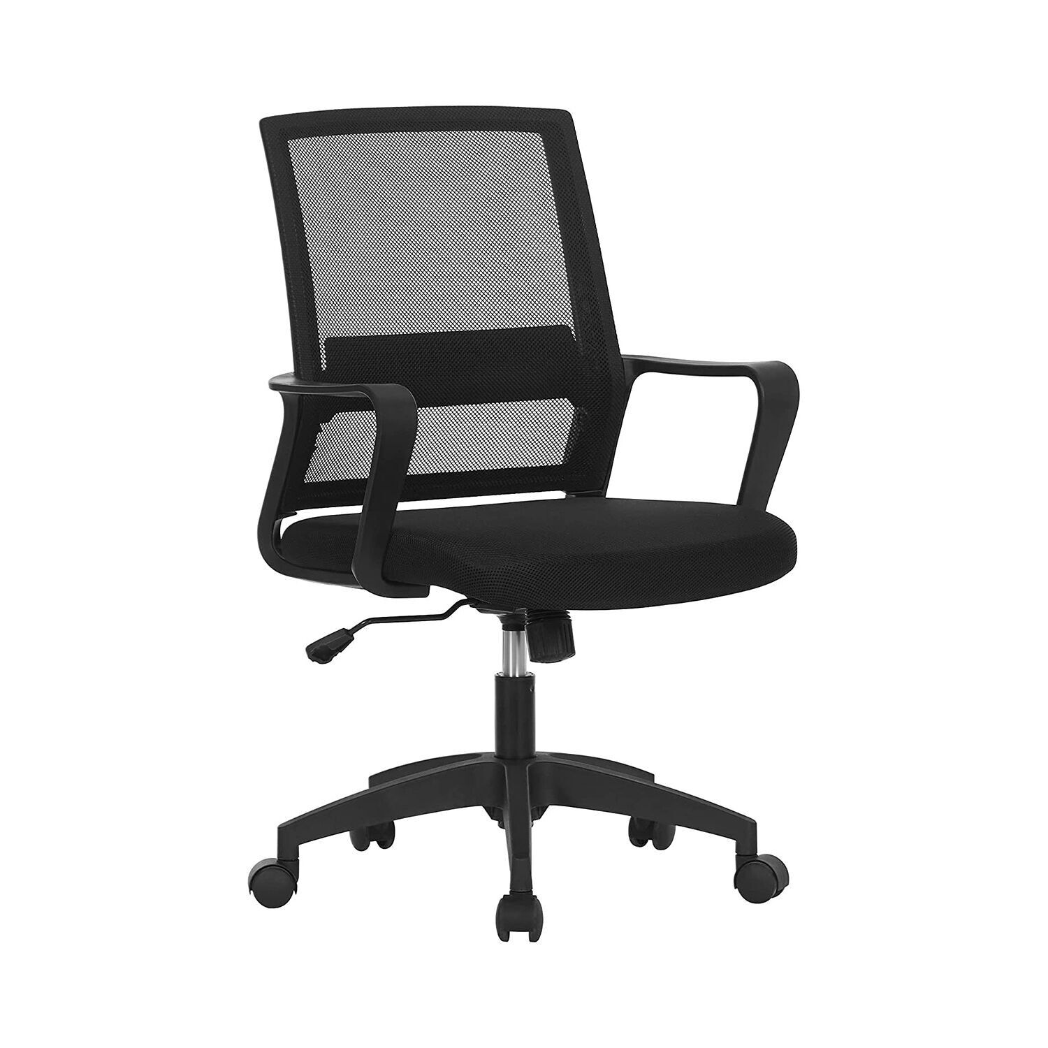 Chaise de bureau noire, 52 x 58.5 x (89-97) cm (L x W x H) Seat height: 42-50 cm Seat dimensions: 50.5 x 48 cm (L x l) Dimensions du dossier : 47 x 50 cm (l x H) Hauteur de l'accoudoir à partir du siège : 17 cm