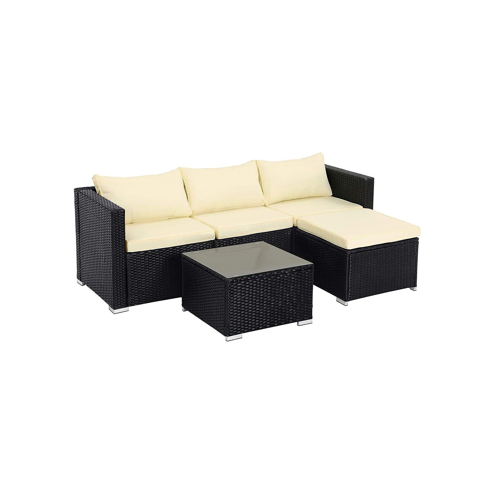 Salon de jardin avec coussins, 70 x 70 x 63 cm (L x l x H) - Dimensions de la partie centrale du canapé (sans accoudoir) : 61 x 70 x 63 cm (L x l x H) - Dimensions du tabouret : 60 x 60 x 35 cm (L x l x H) - Dimensions de la table : 60 x 60 x 35 cm