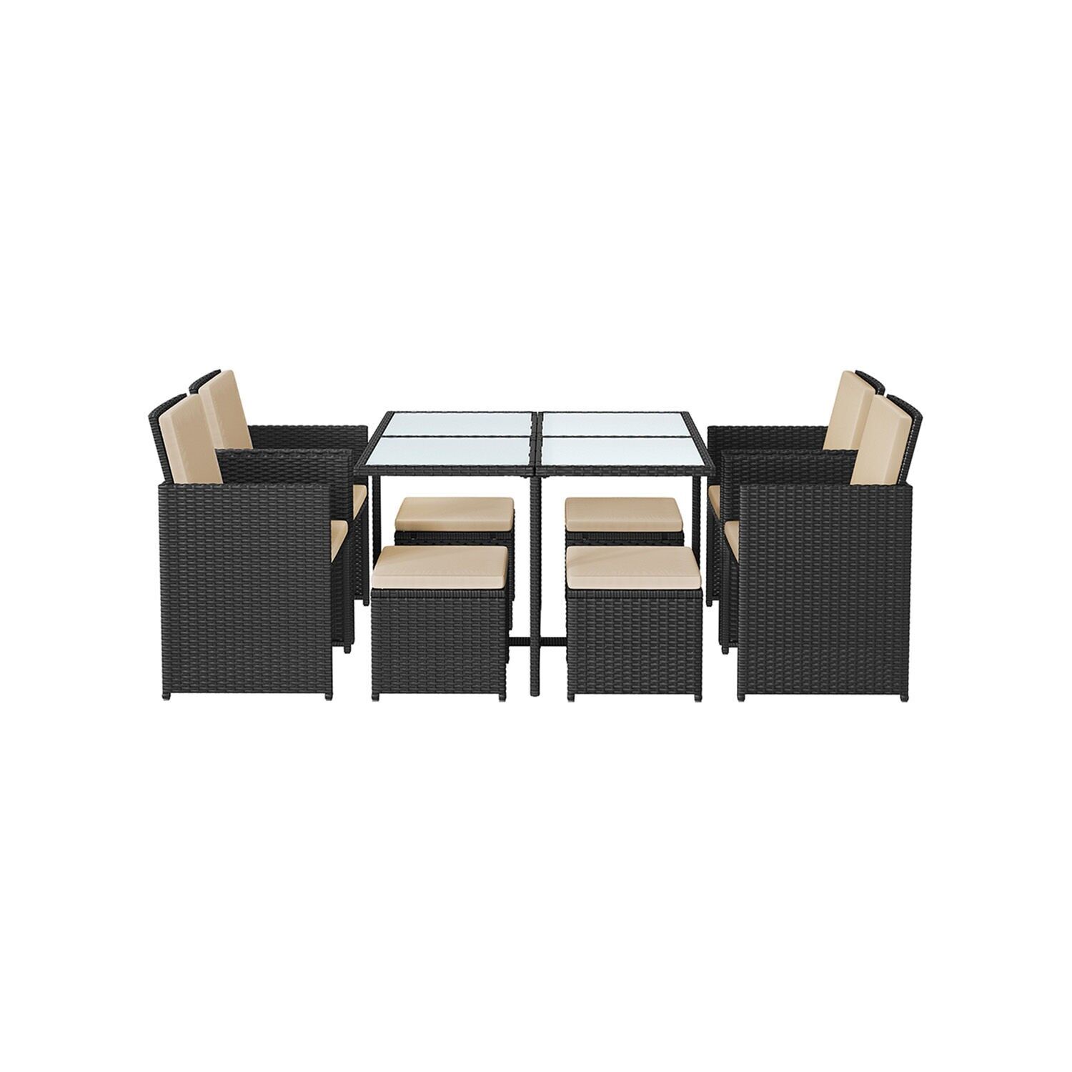 Polyrattan garden furniture set of 9, 52 x 52 x 86 cm (L x W x H) Dimensions per stool: 41 x 41 x 35 cm (L x W x H) Table dimensions: 109 x 109 x 72 cm