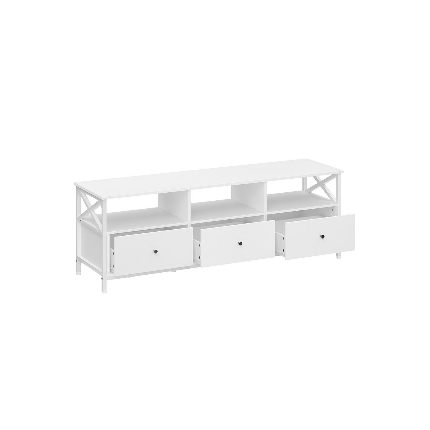 Mueble de TV con 3 compartimentos abiertos, estructura de acero blanco, 147 x 40 x 50 cm