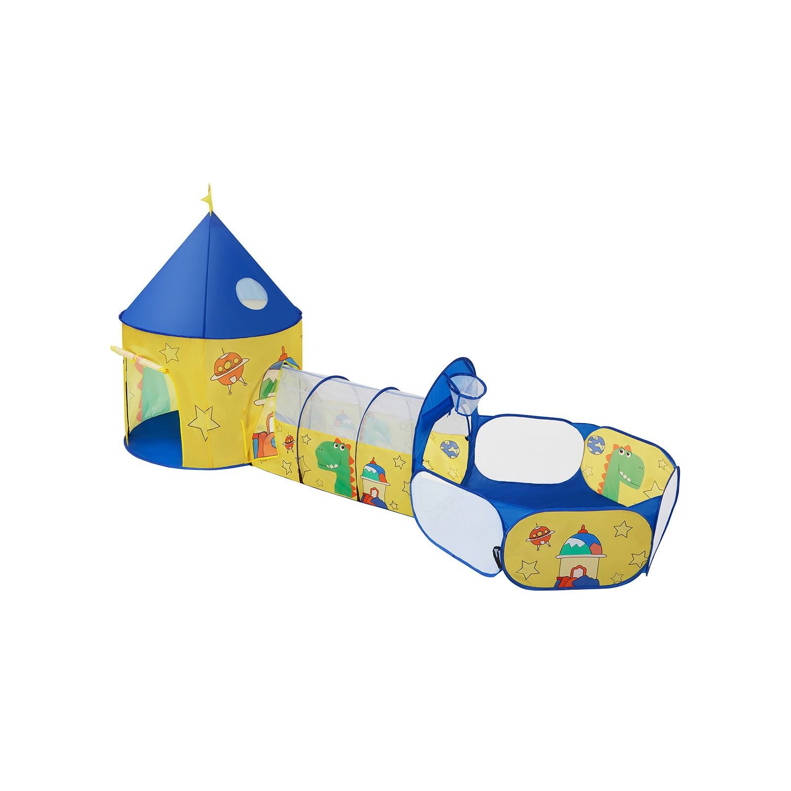Tenda da gioco per bambini giallo-blu, 115 x 110 x 36 cm (L x P x A) - Altezza da terra al canestro da basket: 75 cm - Dimensioni del tunnel: 60 x 107 x 52 cm (L x P x A) - Dimensioni della tenda: 100 x 135 cm