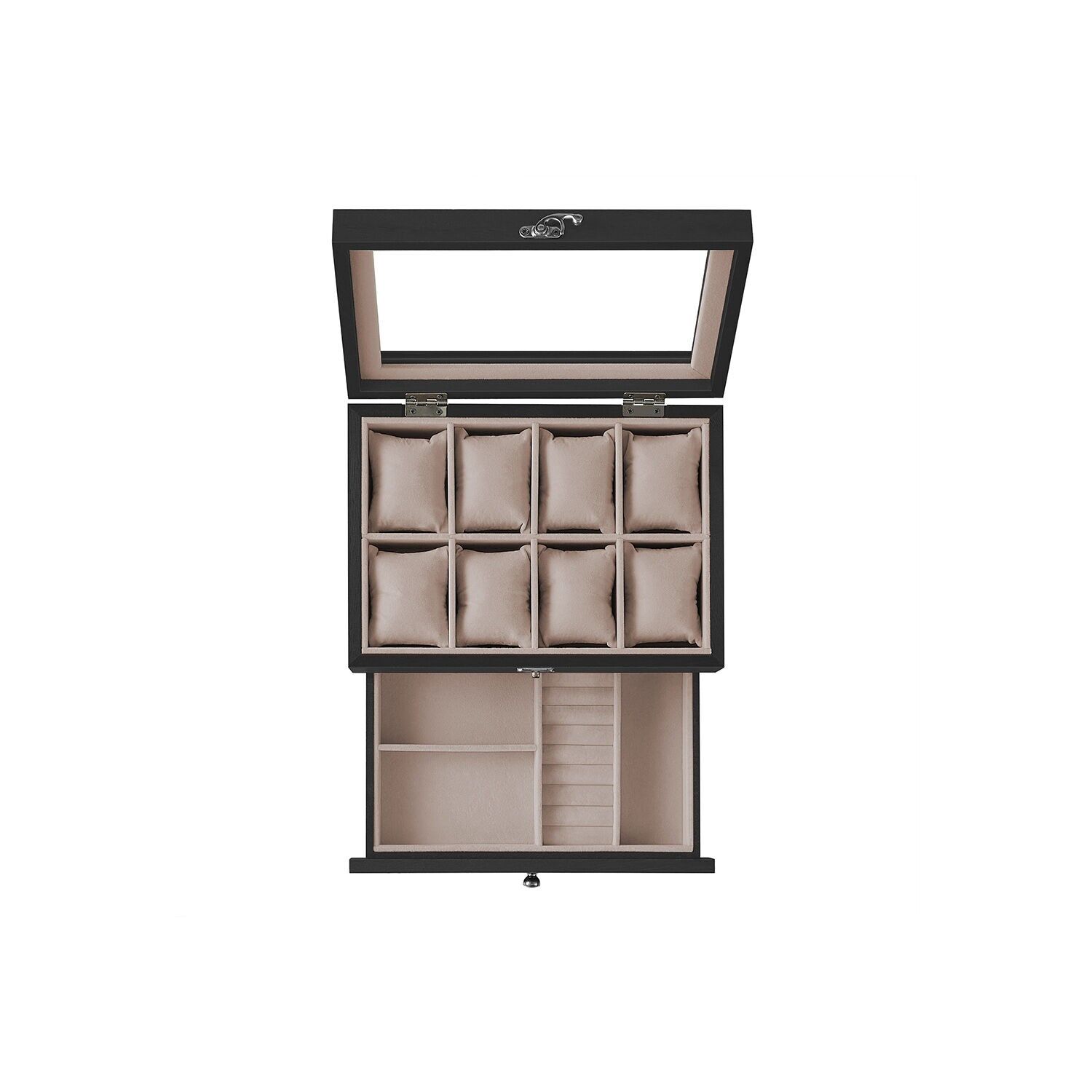 Watch box with 8 compartments made of solid wood, black, 19 x 27 x 12.5 cm