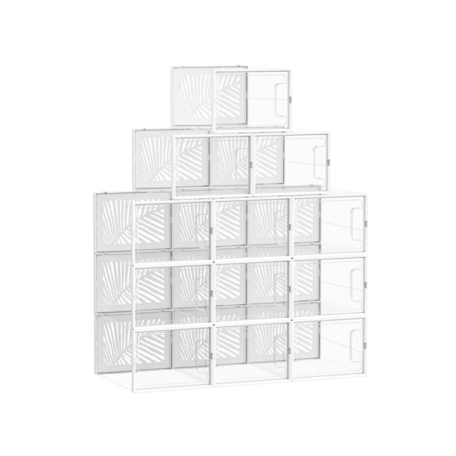 Shoe boxes set of 12 foldable and stackable transparent-white, 35 x 25.5 x 19 cm (D x W x H) Internal dimensions per shoe box: 32.7 x 24.5 x 17.8 cm
