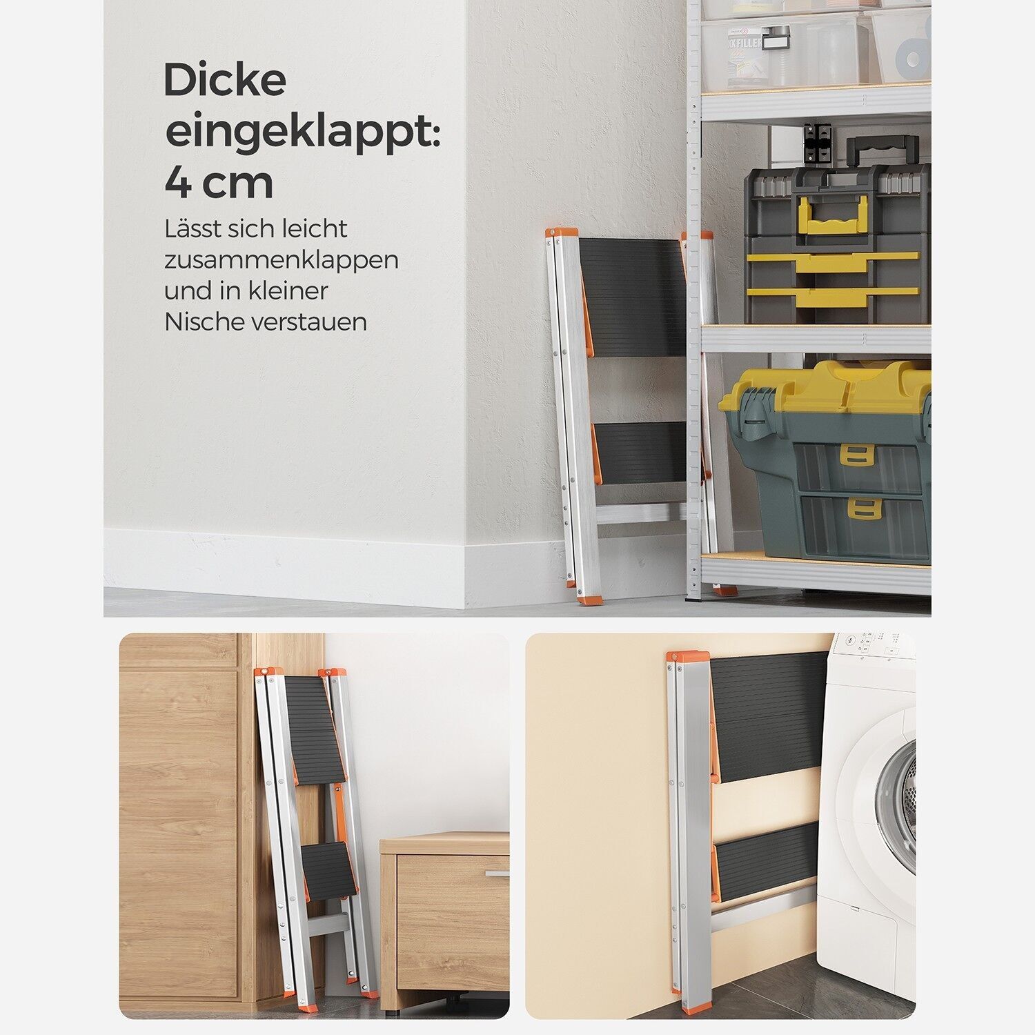 Leiter mit 2 Stufen, 48 x 44 x 66 cm (T x B x H) Dicke im zusammengeklappten Zustand: 4 cm