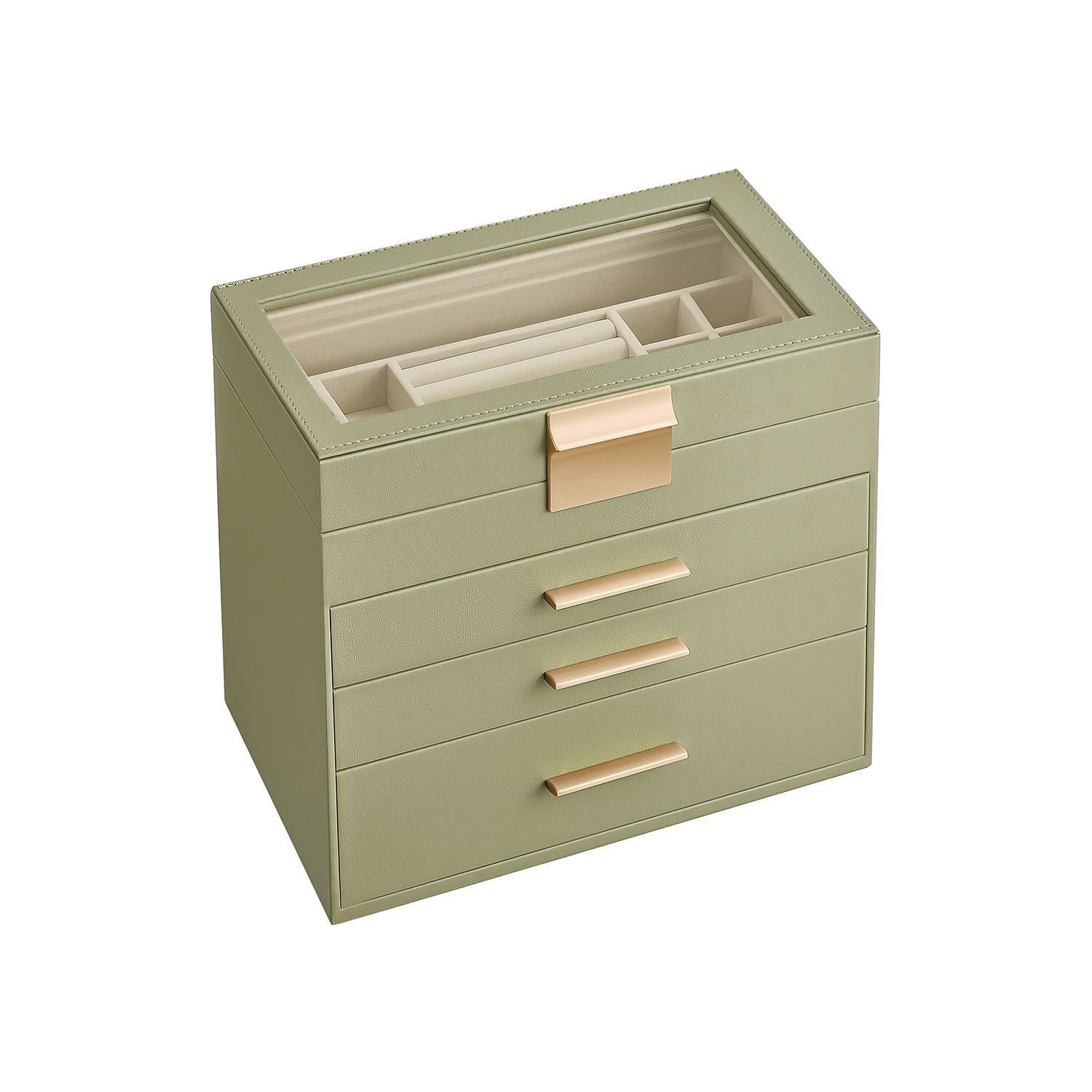 Coffret à bijoux 4 niveaux, moderne laurier vert-or, 15.3 x 25.1 x 21.5 cm