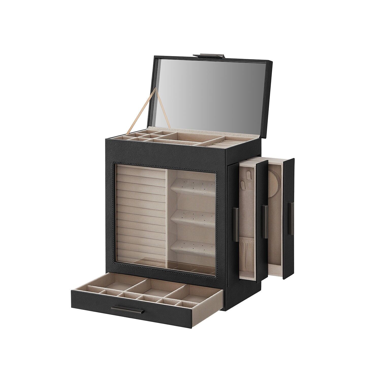 Coffret à bijoux avec fenêtre en verre, noir graphite et argent, 15.5x26.1 x 32 cm