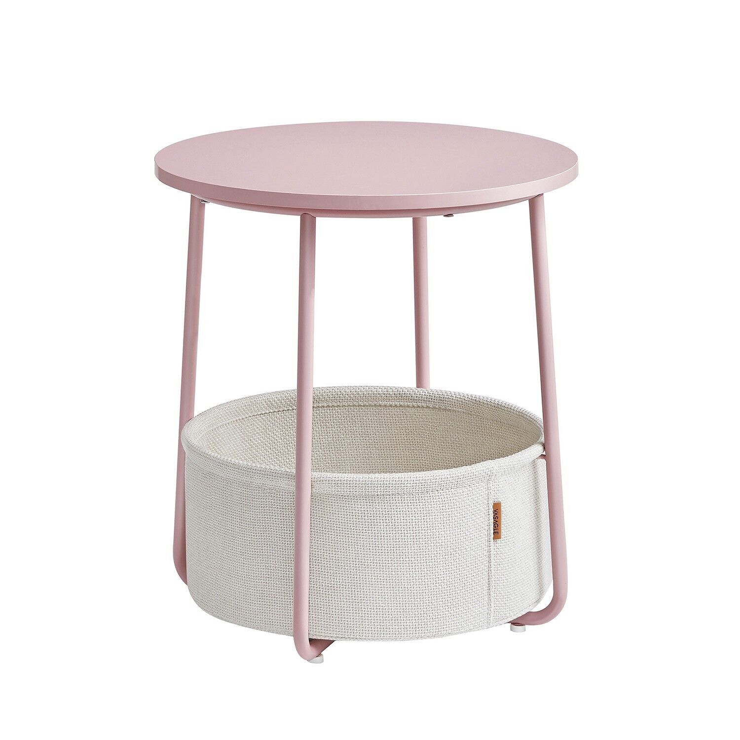 Table d'appoint ronde avec panier en tissu rose pastel et blanc nuage, 45 x 50 cm (Ø x H) Dimensions du panier en tissu : 39.6 x 18.2 cm