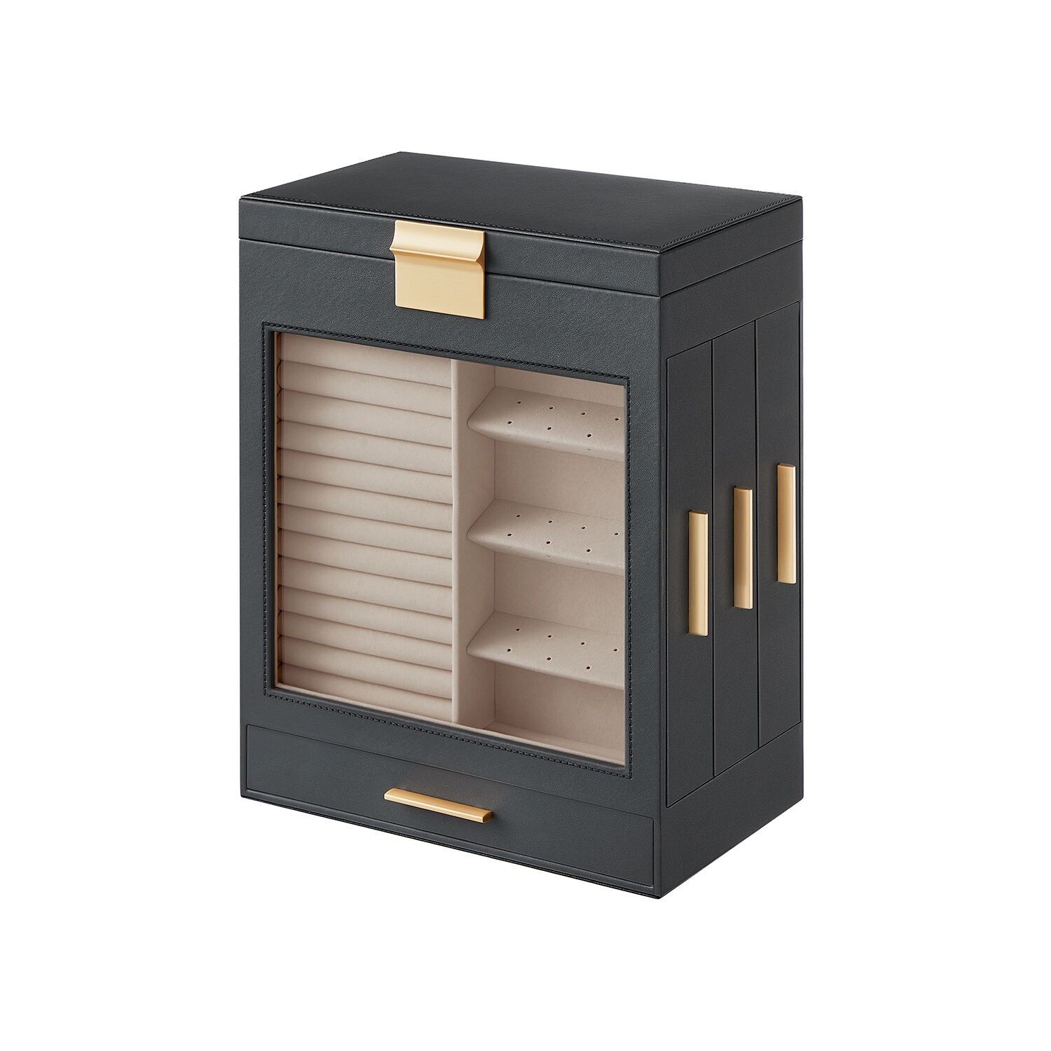 Coffret à bijoux 5 niveaux grand miroir gris ardoise métallisé or, 15.5x26.1 x 32 cm