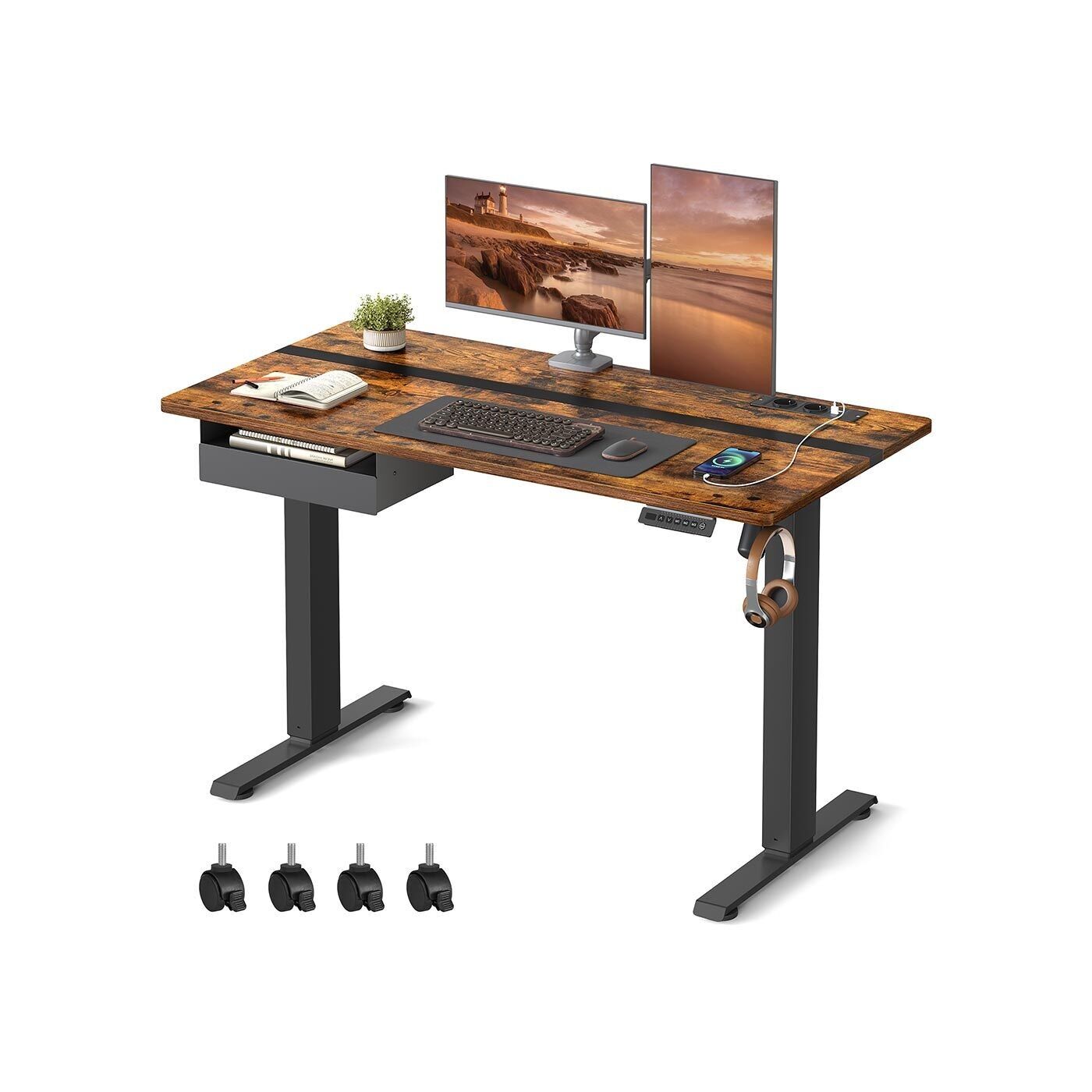 Bureau réglable en hauteur électriquement avec prise de courant, 60 x 140 cm