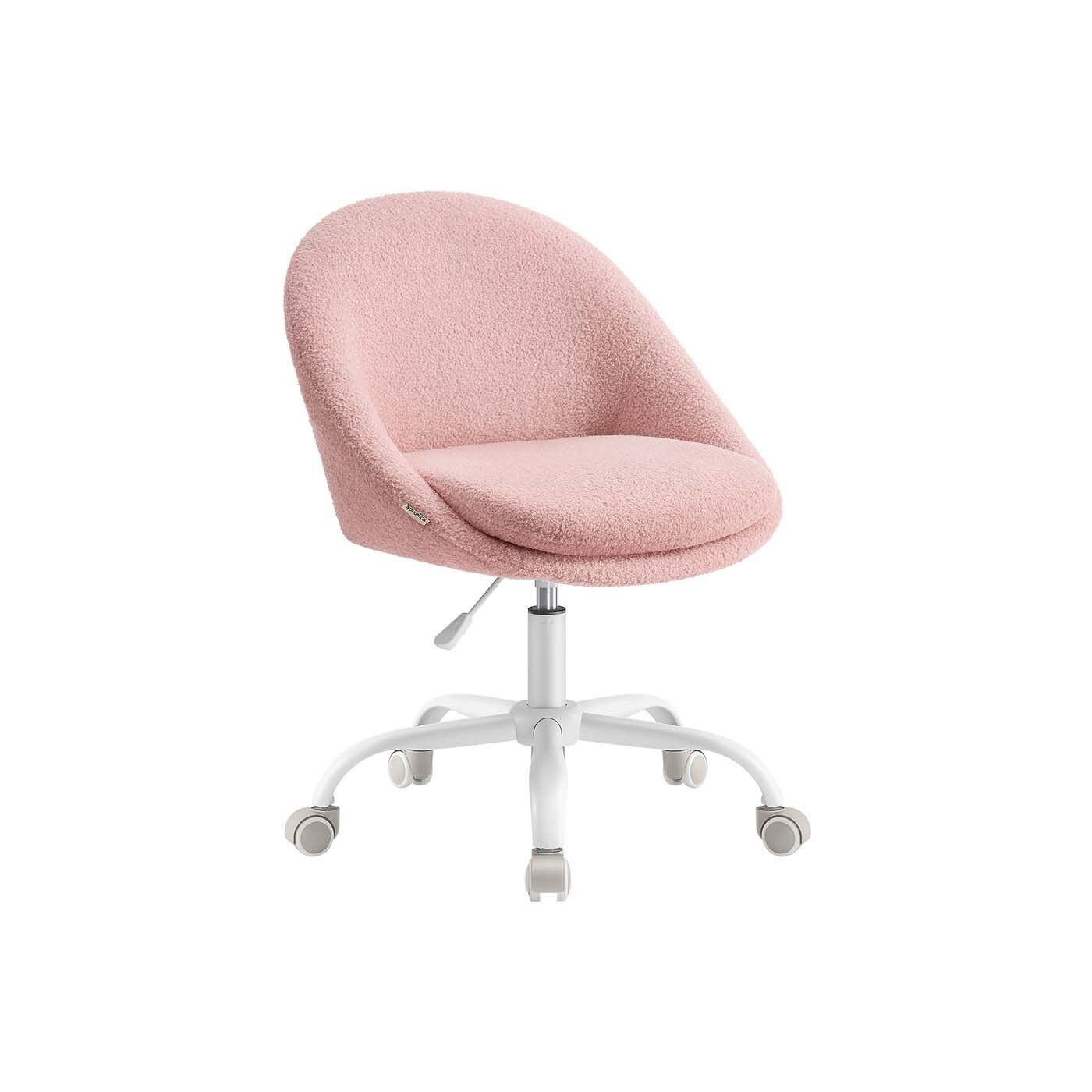 Silla de oficina de vellón rosa pastel, 60 x 60 x (80-90) cm (profundidad x anchura x altura) Altura del asiento (desde el suelo): 47-57 cm Tamaño del asiento: 45 x 42 cm (profundidad x anchura) Altura del respaldo: 37 cm Grosor total del cojín: 12 cm Grosor del cojín superior: 7 cm
