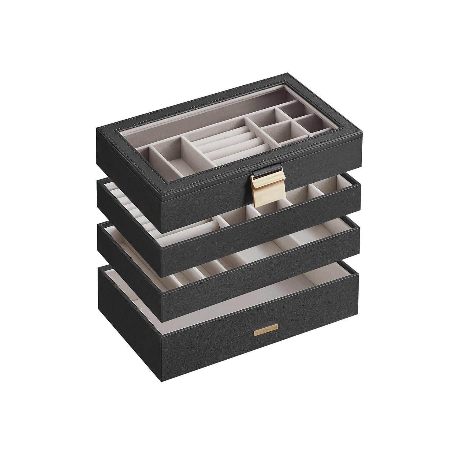 Joyero de 4 niveles con tapa de cristal idea de regalo negro, 17 x 28 x 18.3 centímetros