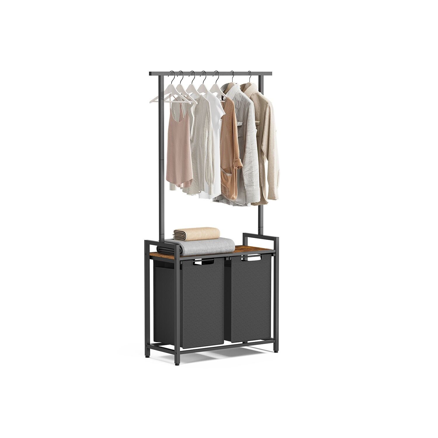 Panier à linge 2 x 46 litres avec tringle à vêtements et étagère 73 x 33 x 177 cm