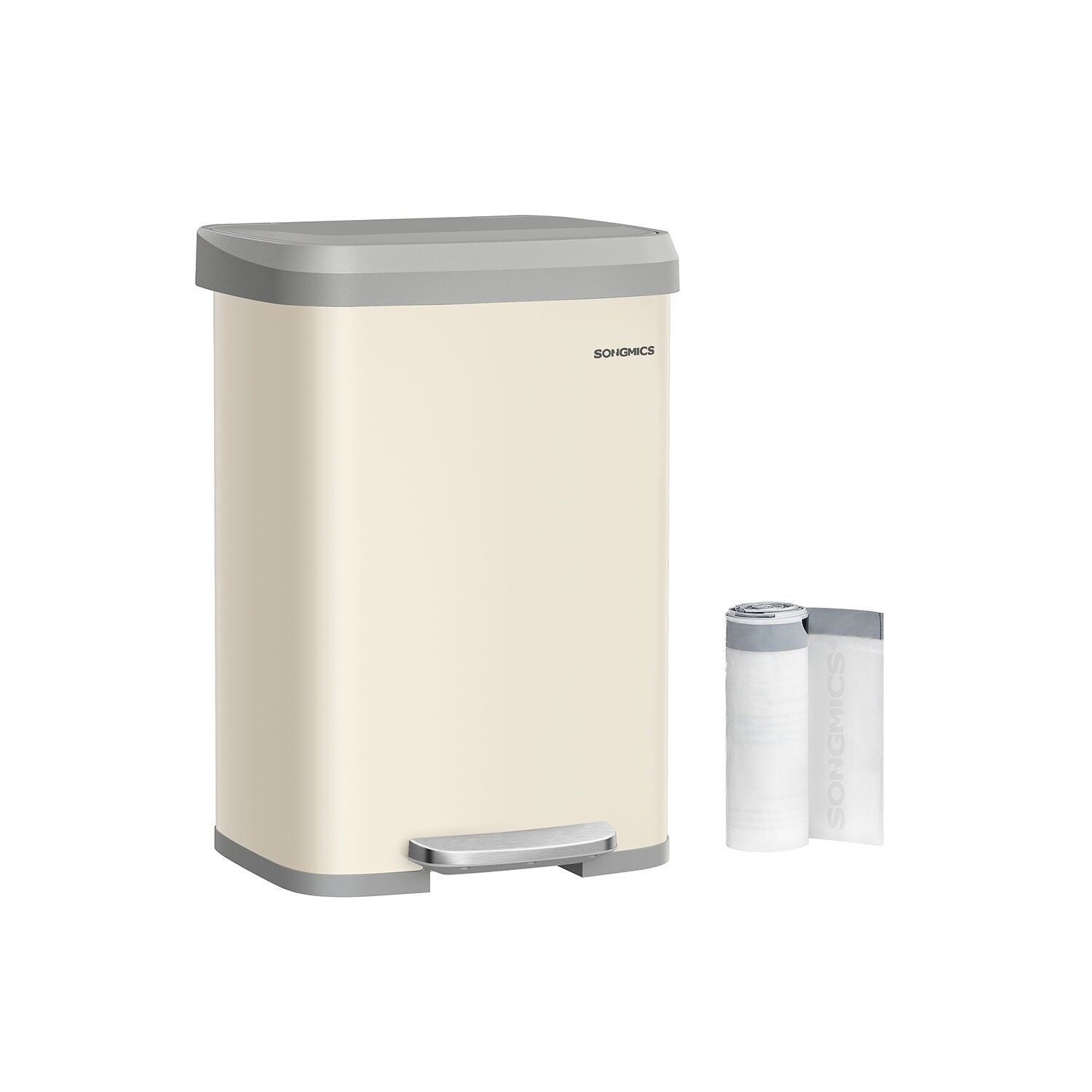 Poubelle de cuisine avec couvercle 50 litres beige sable-gris tourterelle, 40.4 x 38 x 58.5 cm (L x l x H) Hauteur totale (avec couvercle ouvert) : 89 cm Dimensions de la pédale : 19.7x5.9 cm