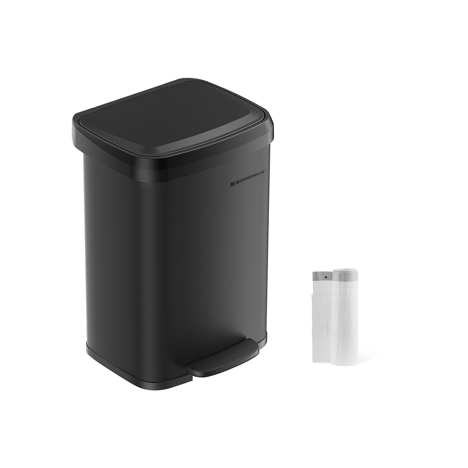 Poubelle de cuisine en métal de 50 litres avec couvercle noir, 40.4x32.1 x 58.6 cm (L x l x H) Hauteur totale (avec couvercle ouvert) : 88 cm Dimensions de la pédale : 19.7x5.9 cm