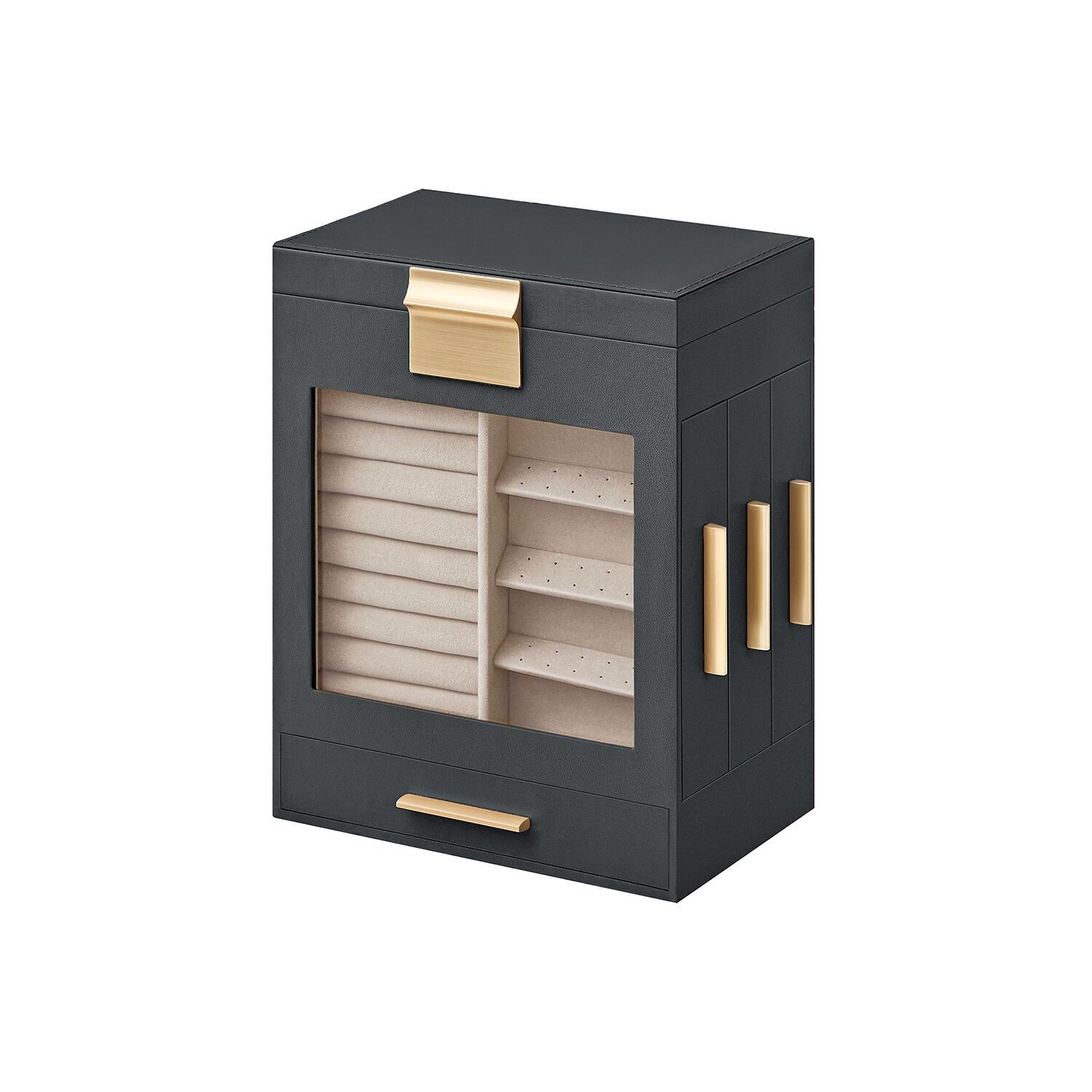 Coffret à bijoux 5 niveaux vitre gris ardoise métallisé or, 12.9 x 20 x 24.7 Cm