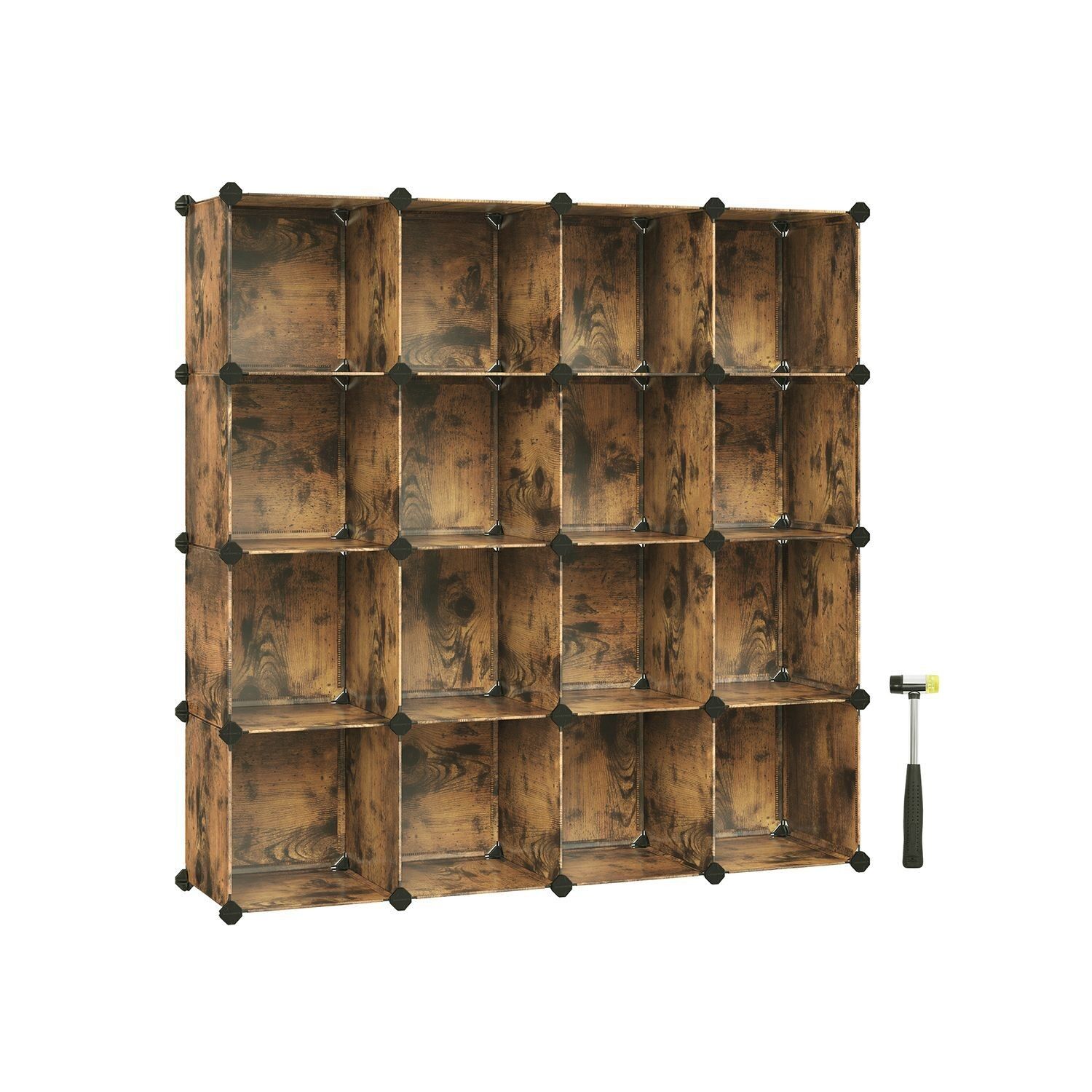 Zapatero apilable para dormitorio, marrón vintage, 153 x 31 x 153 cm (largo x ancho x alto) Dimensiones (16 cubos): 123 x 31 x 123 cm (largo x ancho x alto) Dimensiones por cubo: 30 x 30 x 30 cm