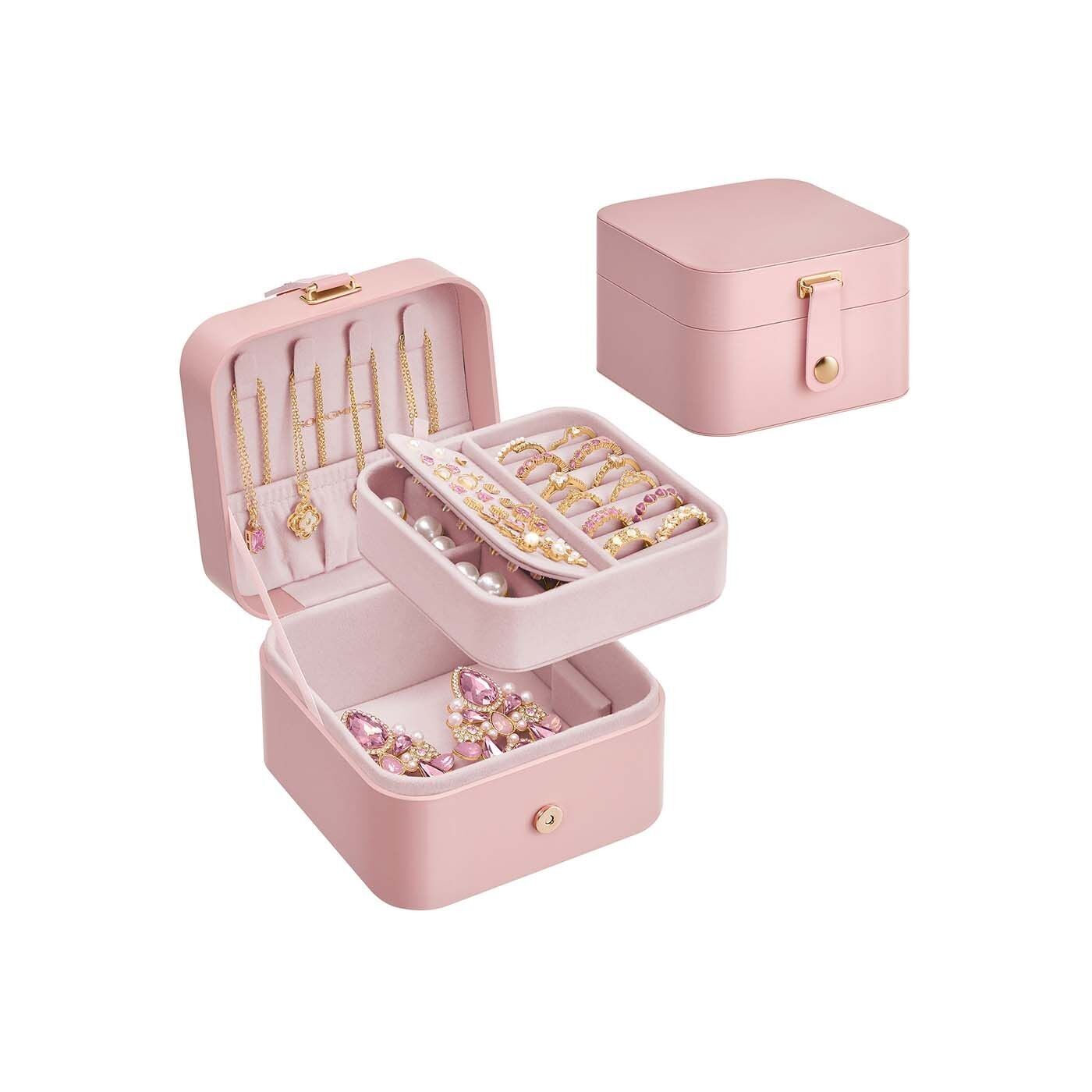 Boîte à bijoux de voyage à 2 niveaux, rose pastel, 11.2x11.8x7.2 cm