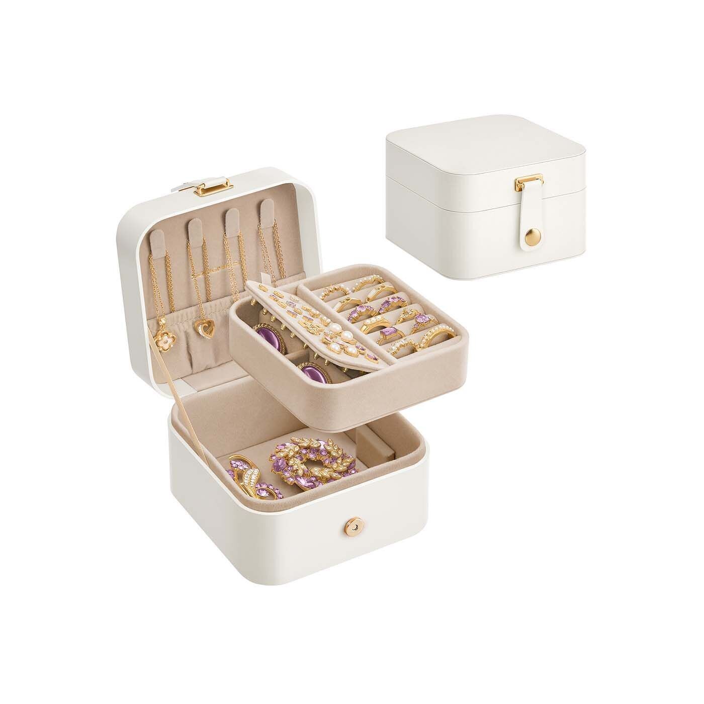 Boîte à bijoux de voyage à 2 niveaux, blanc nuage, 11.2x11.8x7.2 cm