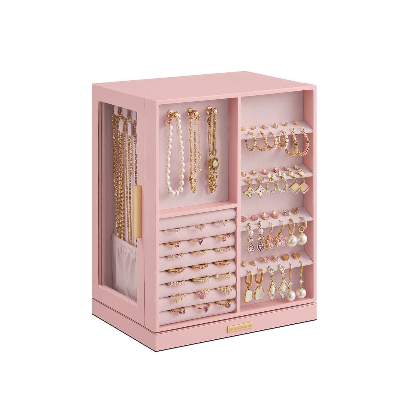 Joyero con 5 cajones y ventana de cristal, rosa pastel, 16x22.2 x 28. 5 cm