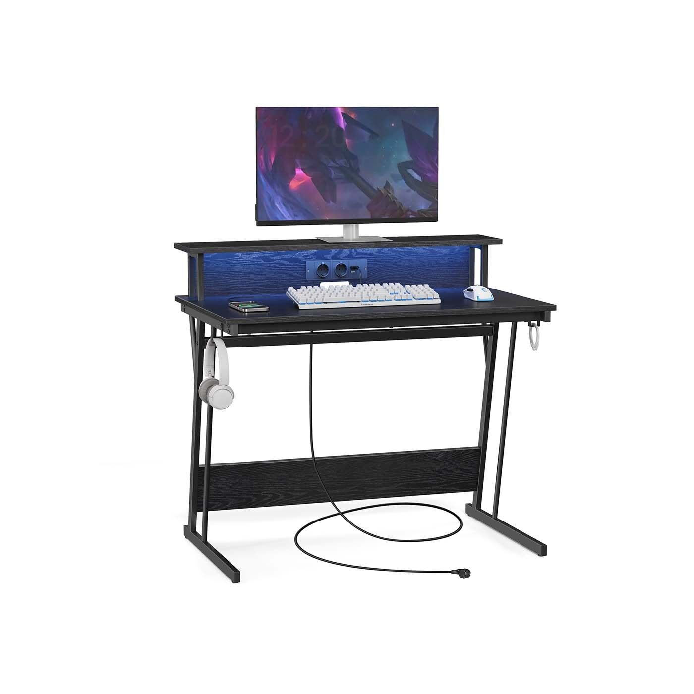 Escritorio con enchufes 100 x 60 x 76 cm negro con veta de madera