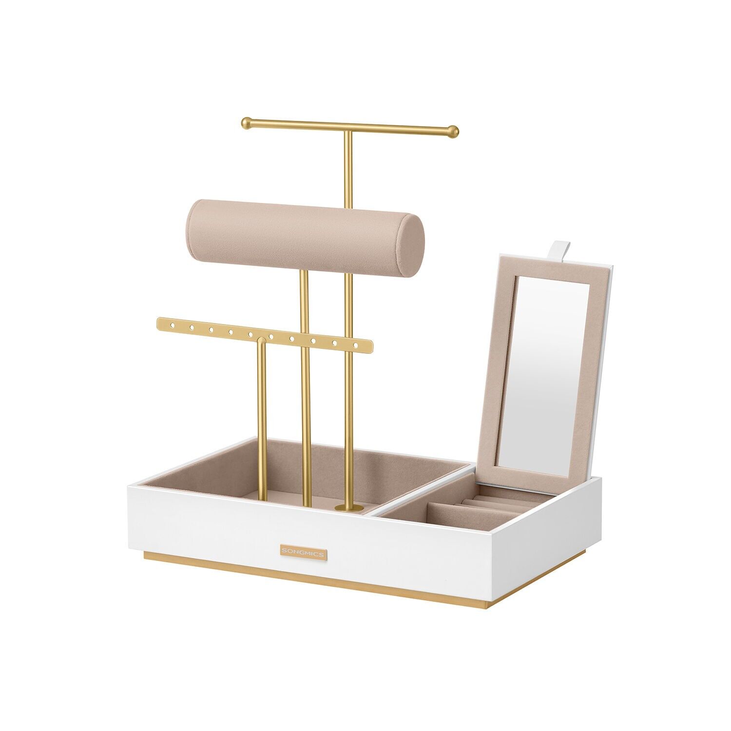Expositor de joyas con espejo, idea de regalo, dorado y blanco, 17 x 27 x 29 cm
