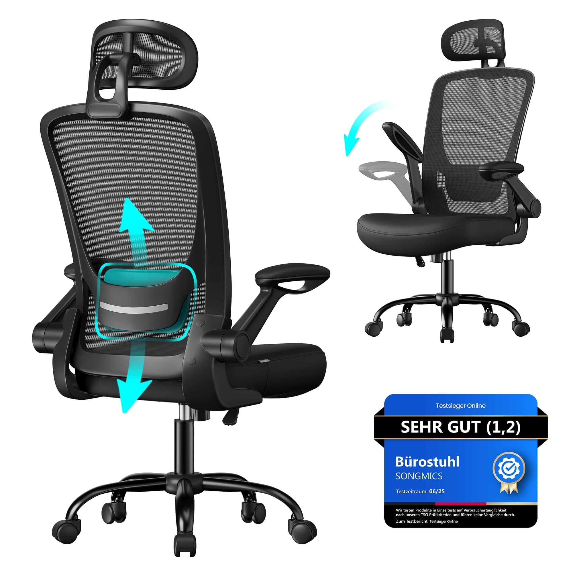 Silla de oficina ergonómica con malla tinta negra, 64 x 64 x (115-130) cm (profundidad x anchura x altura) Altura del asiento (desde el suelo): 46-54 cm Tamaño del asiento: 53 x 53 cm (profundidad x anchura) Tamaño del respaldo: 51 x 53 cm (ancho x altura) Altura del reposabrazos (desde el asiento): 68-76 cm