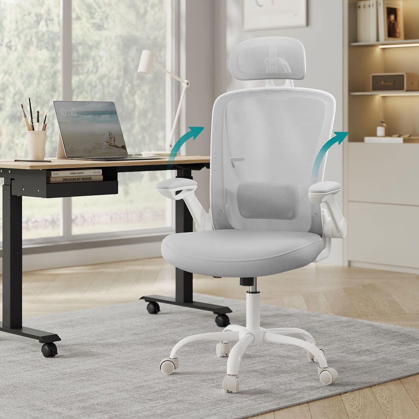 Silla de oficina ergonómica con malla y reposacabezas, gris paloma, 64 x 64 x (115-130) cm (profundidad x anchura x altura) Altura del asiento (desde el suelo): 46-54 cm Tamaño del asiento: 53 x 53 cm (profundidad x anchura) Tamaño del respaldo: 51 x 53 cm (ancho x altura) Altura del reposabrazos (desde el suelo): 68-76 cm