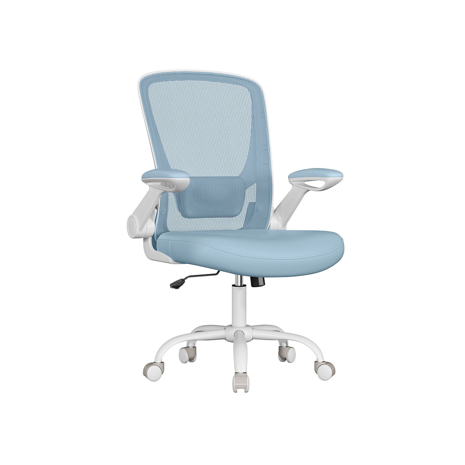 Silla de oficina ergonómica plegable con reposabrazos, azul niebla, 64 x 64 x (99-107) cm (profundidad x anchura x altura) Altura del asiento (desde el suelo): 46-54 cm Tamaño del asiento: 53 x 53 cm (profundidad x anchura) Tamaño del respaldo: 51 x 53 cm (ancho x altura) Altura del reposabrazos (desde el asiento): 22 cm