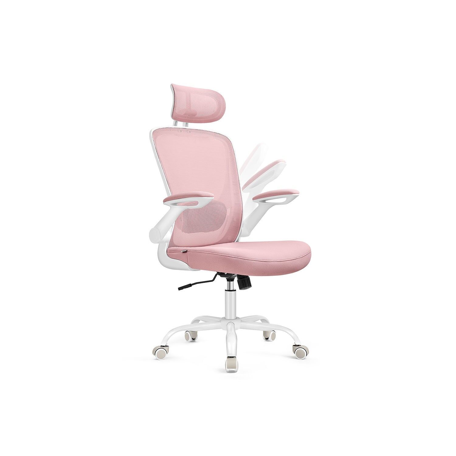Silla de oficina ergonómica con función balancín, rosa pastel, 64 x 64 x (115-130) cm (profundidad x anchura x altura) Altura del asiento (desde el suelo): 46-54 cm Tamaño del asiento: 53 x 53 cm (profundidad x anchura) Tamaño del respaldo: 51 x 53 cm (ancho x altura) Altura del reposabrazos (desde el asiento): 68-76 cm