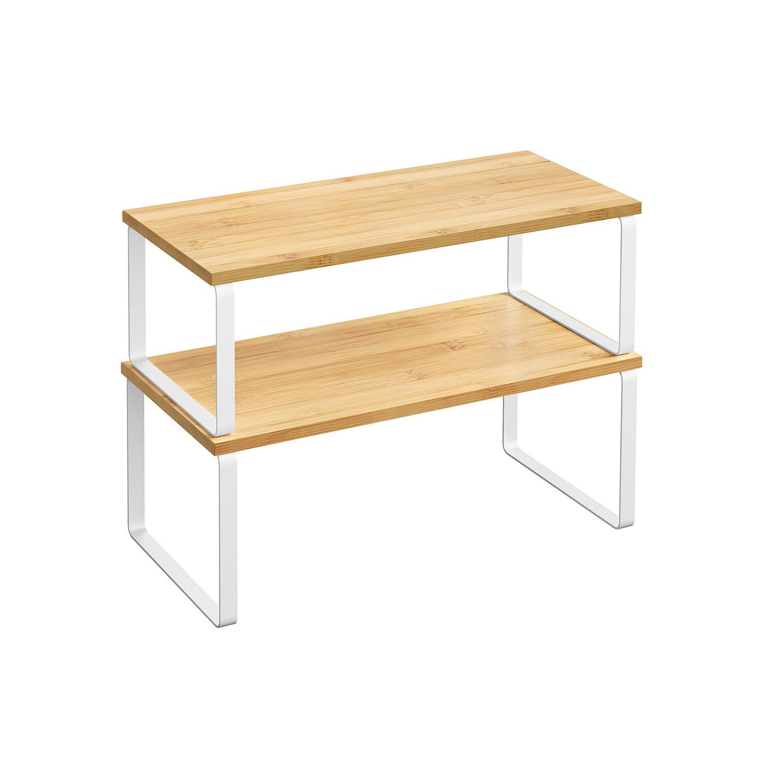 Juego de organizador de cocina de 2 extensibles apilables, color blanco nube-beige natural, 19.5x29.7 x 15.5 cm (D x W x H) Dimensions of the small shelf: 18.5x29.7 x 13. 6 cm