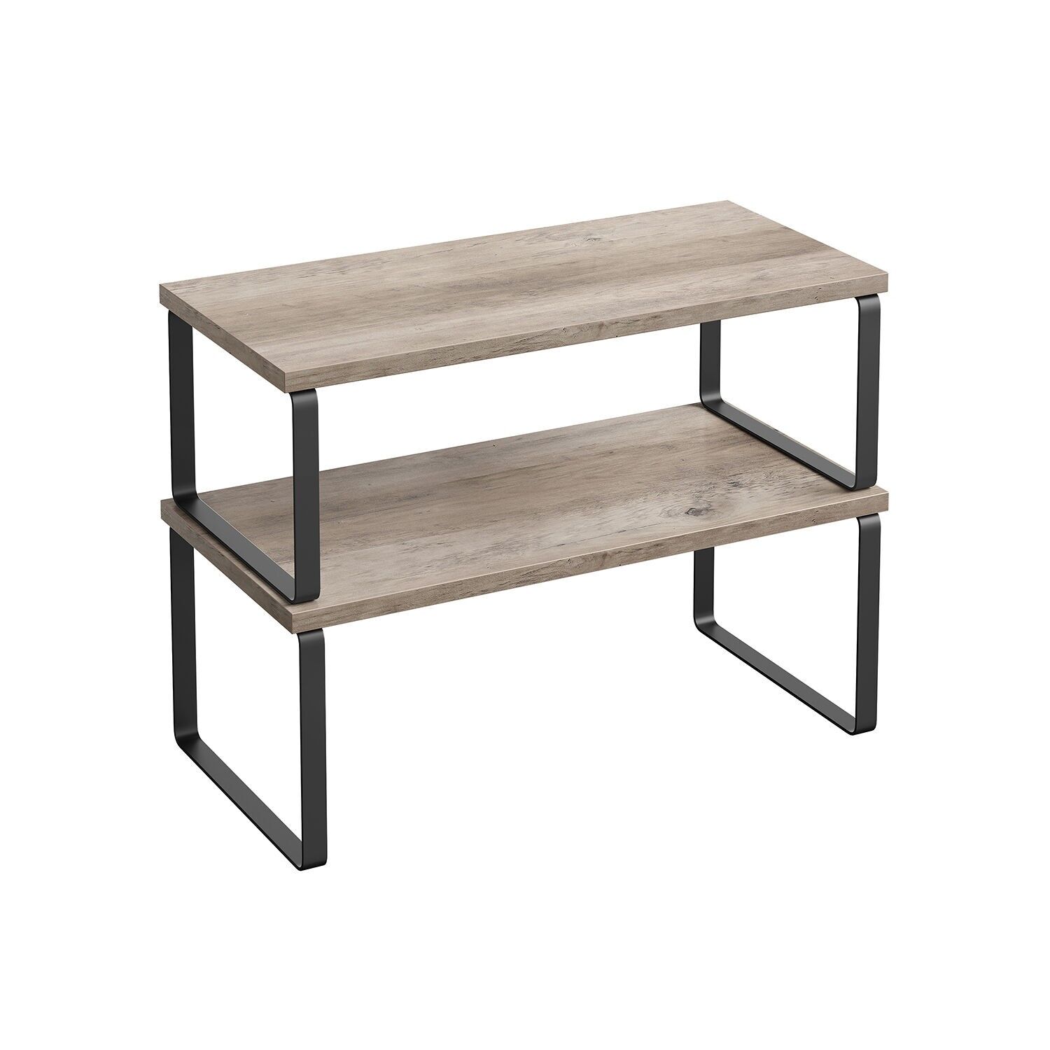 Juego de especiero de dos piezas fabricado en metal y madera, 19.5 x 39.7 x 15.8 cm (profundidad x anchura x altura). Dimensiones del estante pequeño: 18.5 x 39.7 x 13.7 centímetros