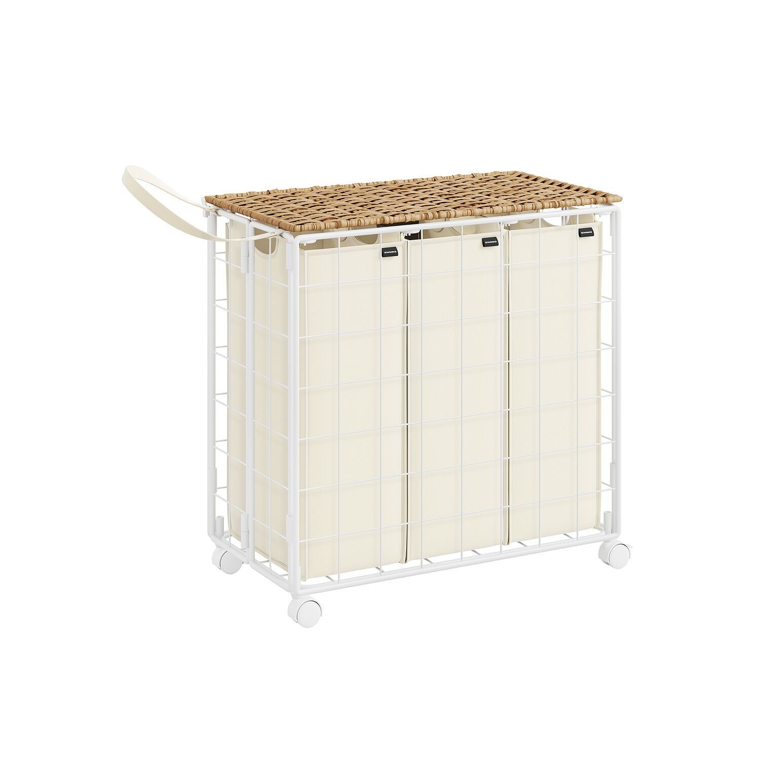 Cesta para la ropa con ruedas, color beige natural-blanco crema, 57 x 33 x 65 cm
