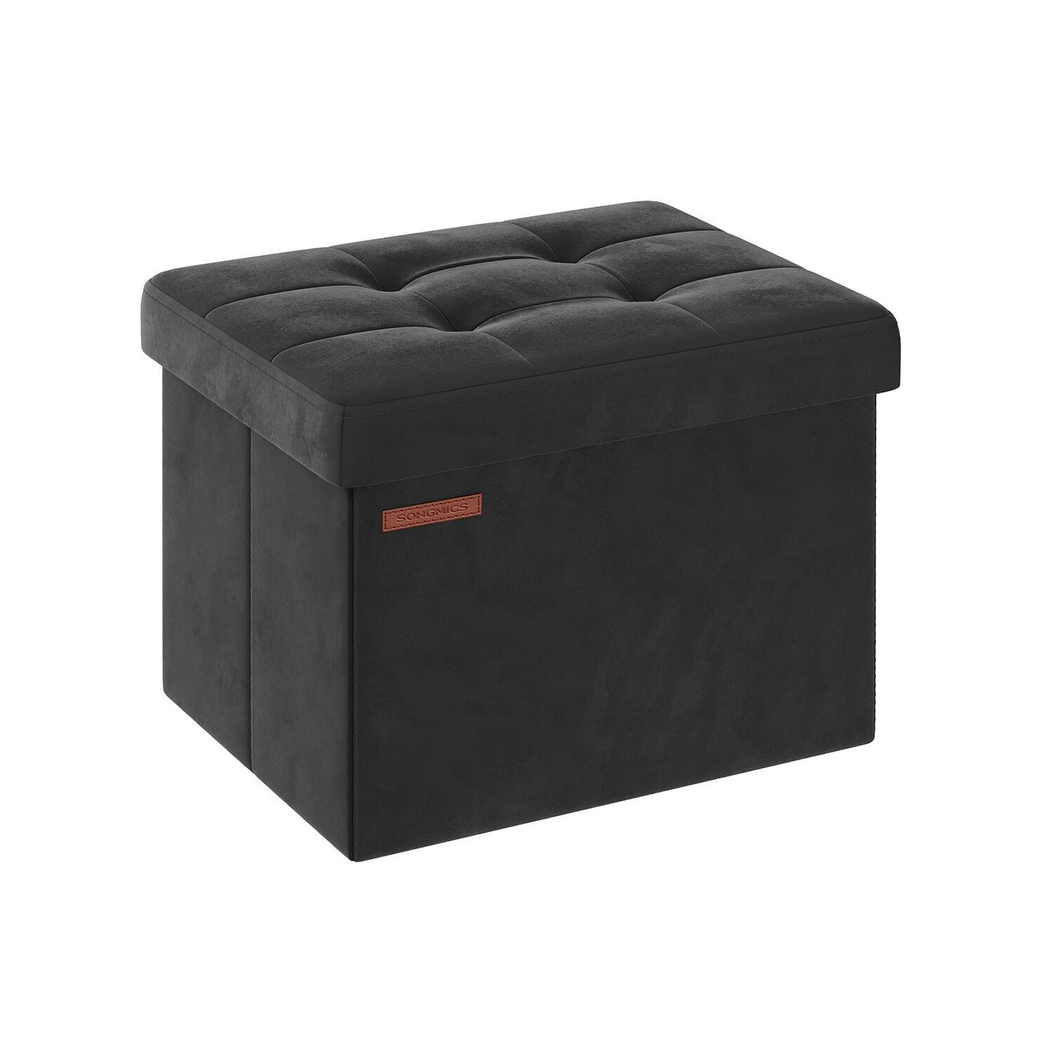 Banc de rangement en velours avec couvercle noir de jais, 31 x 41 x 31 cm
