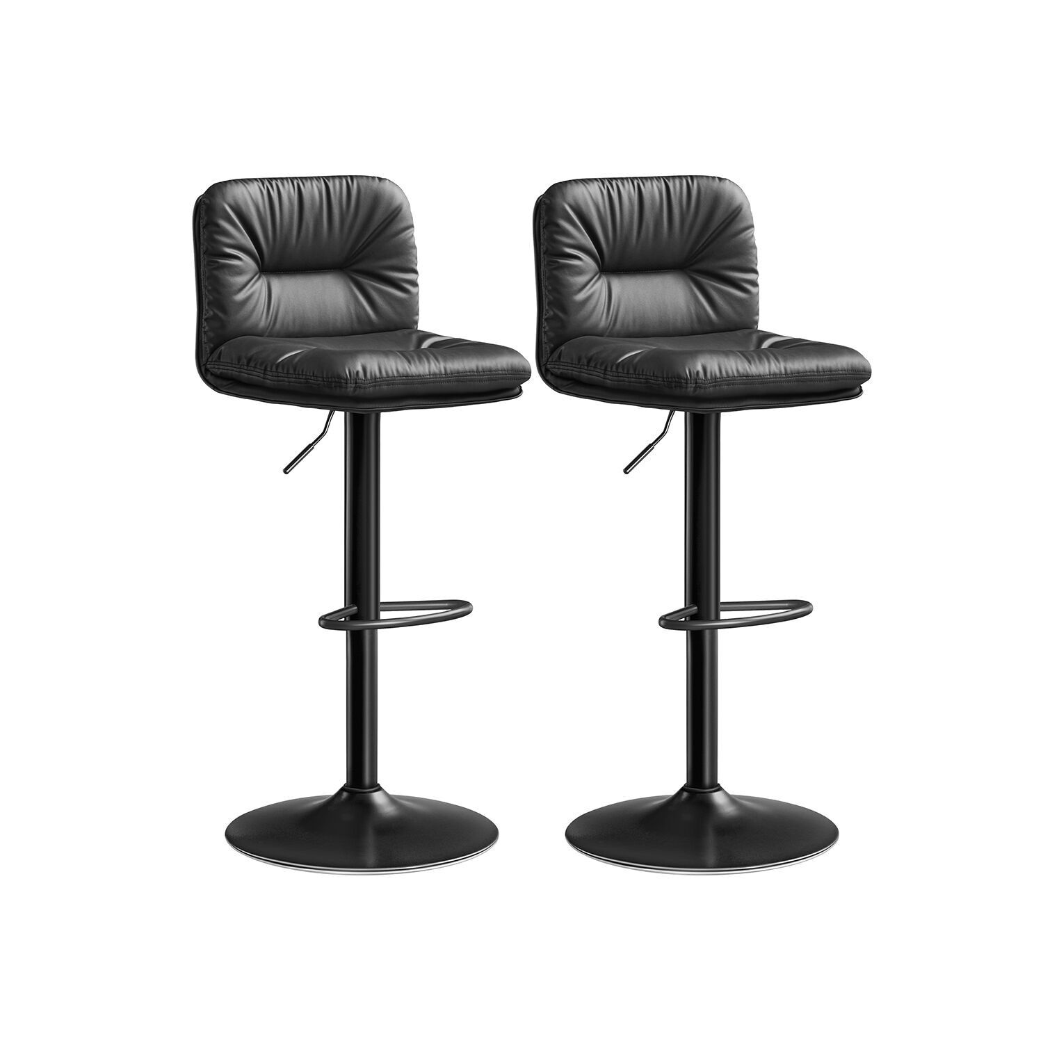 Bar stool set of 2, 360° swivel, black, 47 x 41 x (89-110) cm (D x W x H) Seat height: 62.5-83.5 cm Seat width: 41 cm Seat depth: 35.5 cm Backrest size: 39 x 26.5 cm (W x H) Foot size: Ø 45 cm