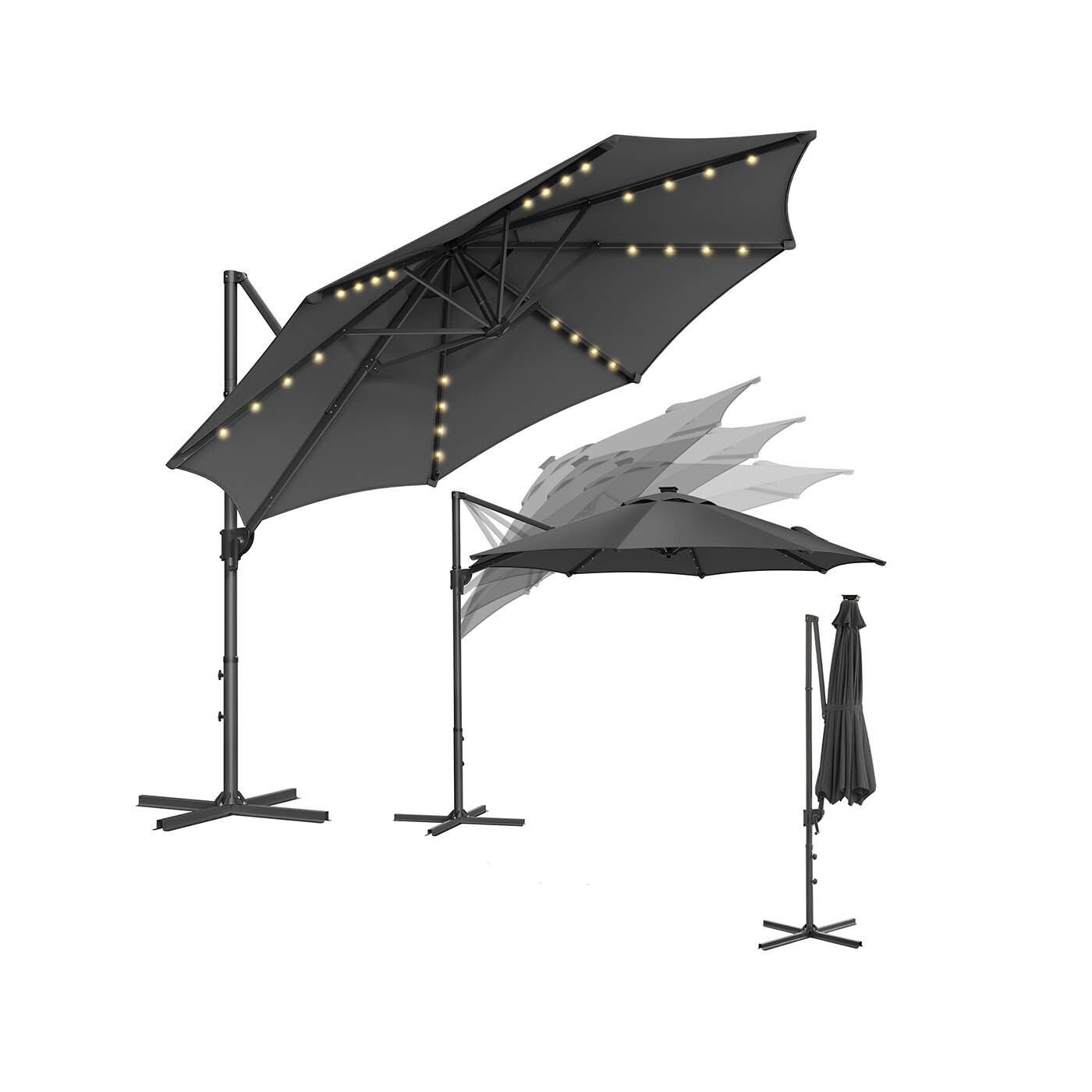 Parasol 300 cm UPF 50+ with 28 solar LED lights, gray
