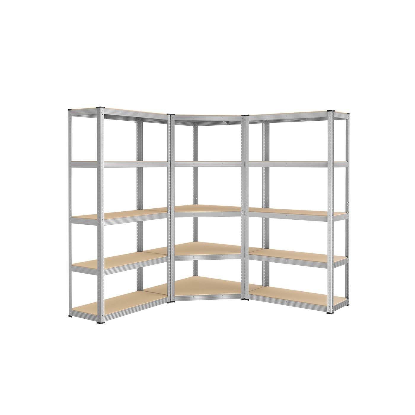 Corner shelf set with 5 levels, load capacity up to 2625 kg, 160 x 160 x 180 cm (D x W x H) Dimensions of the corner shelf: 70 x 70 x 180 cm (D x W x H) Dimensions of each rectangular shelf on both sides: 40 x 90 x 180 cm