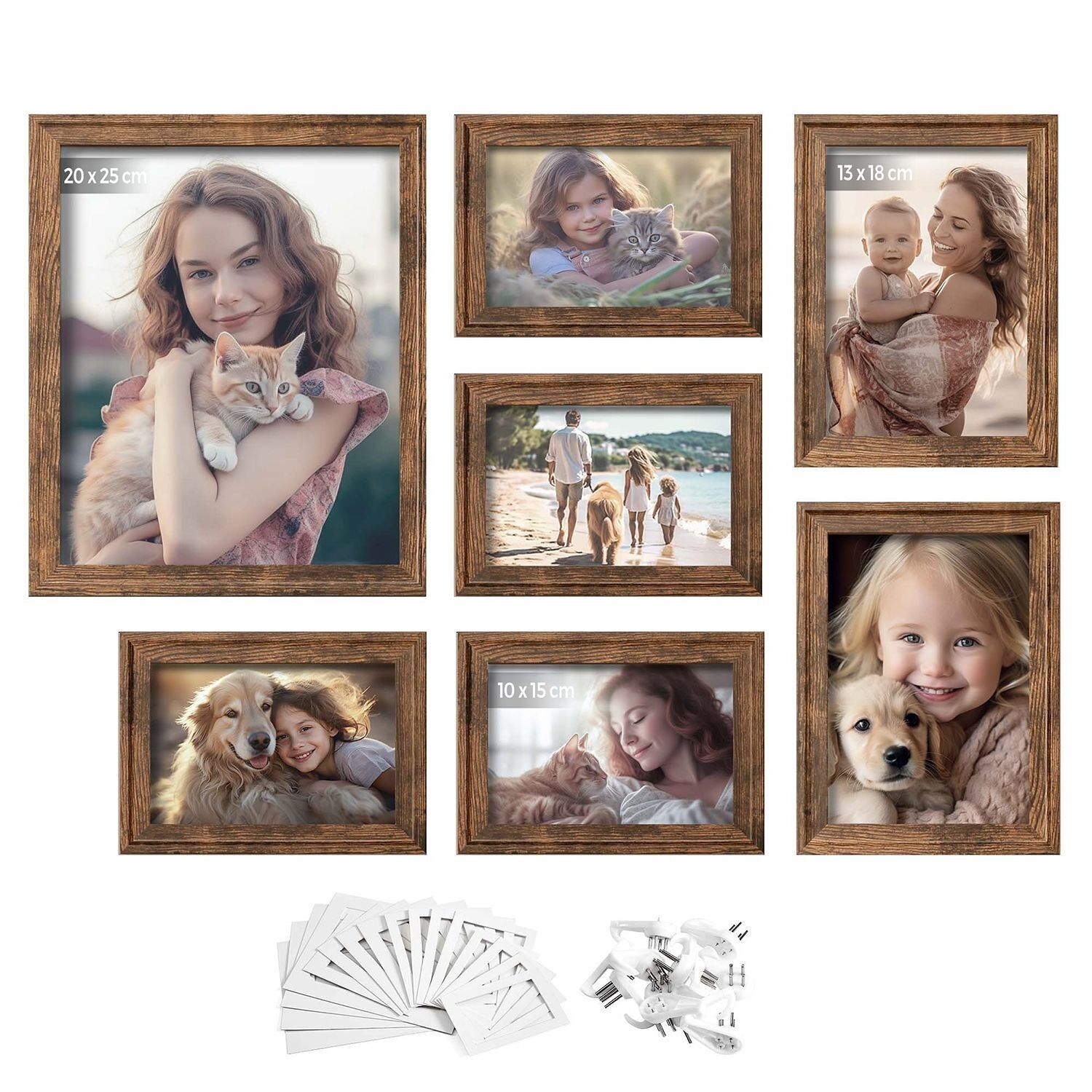Lot de 7 cadres photo avec crochets muraux sans traces, marron vintage, 20 x 25 cm, deux 13 x 18 cm, quatre 10 x 15 cm