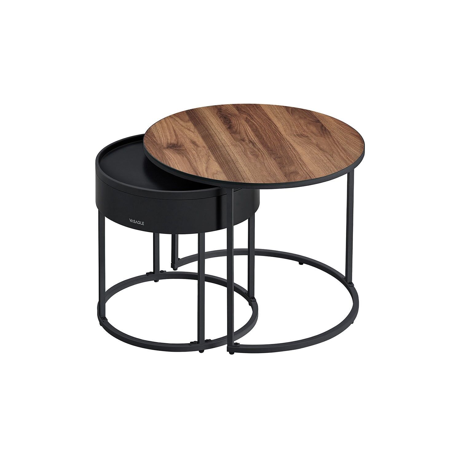 Round coffee table, set of 2, natural walnut-ink black, 60 x 60 x 45 cm (D x W x H) Dimensions of the small table: 44 x 44 x 42 cm